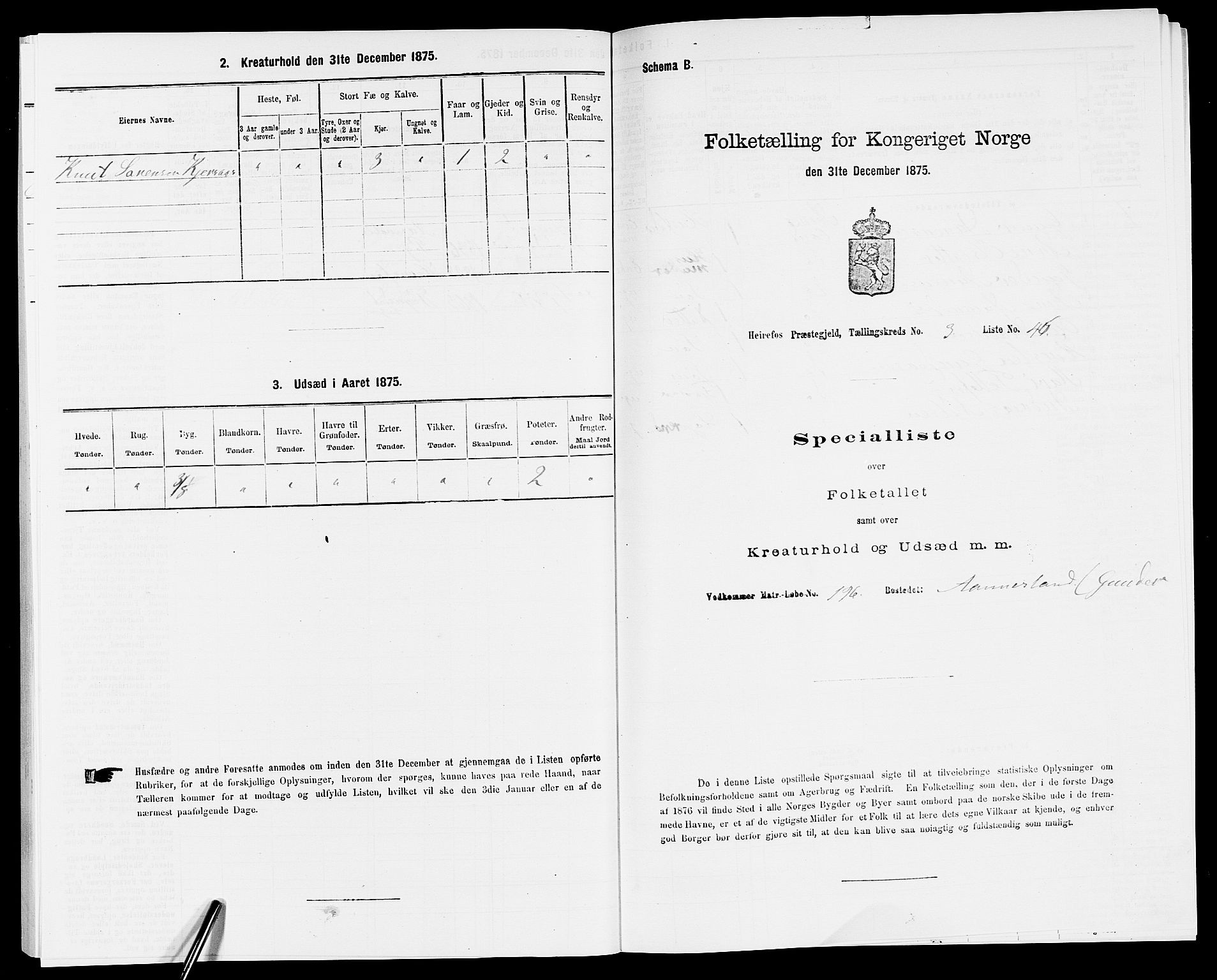 SAK, Folketelling 1875 for 0933P Herefoss prestegjeld, 1875, s. 308