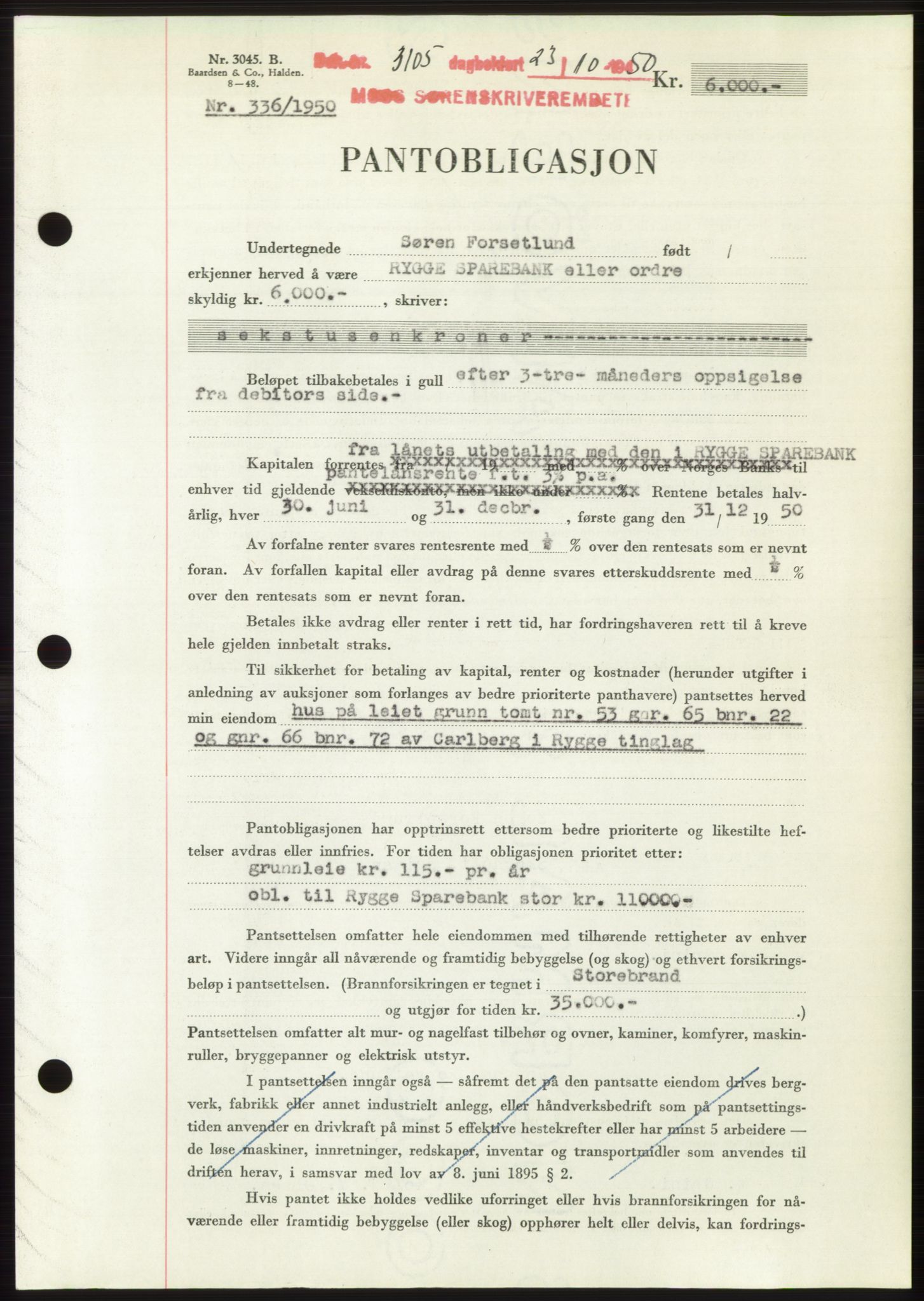 Moss sorenskriveri, SAO/A-10168: Pantebok nr. B25, 1950-1950, Dagboknr: 3105/1950