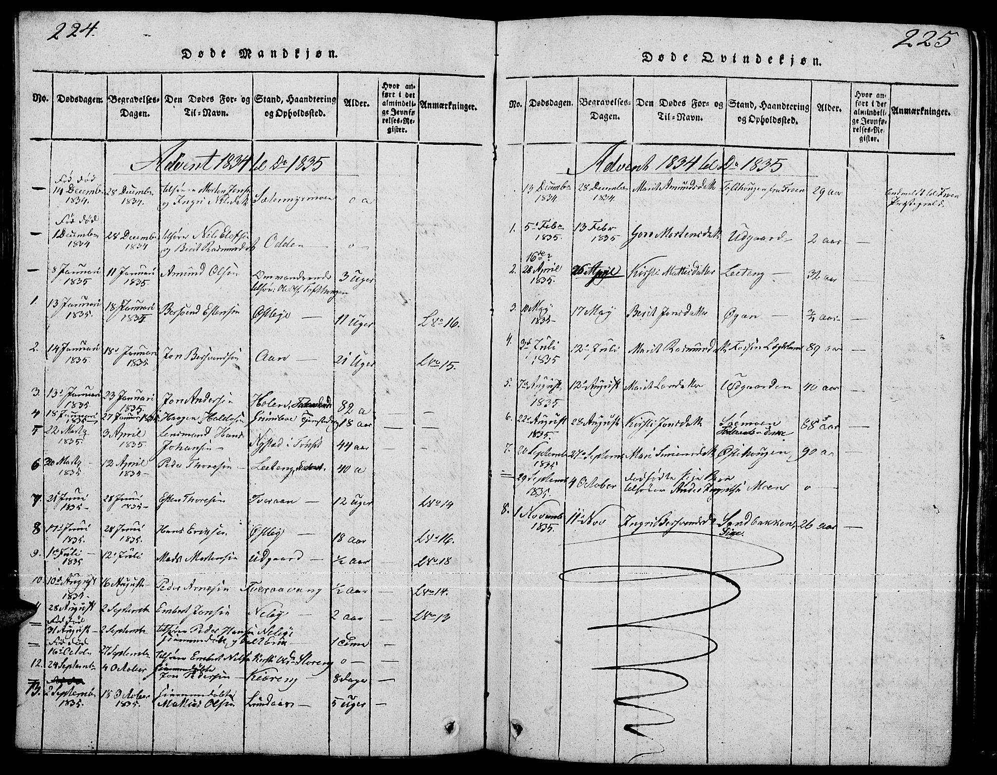 Tynset prestekontor, AV/SAH-PREST-058/H/Ha/Hab/L0001: Klokkerbok nr. 1, 1814-1859, s. 224-225