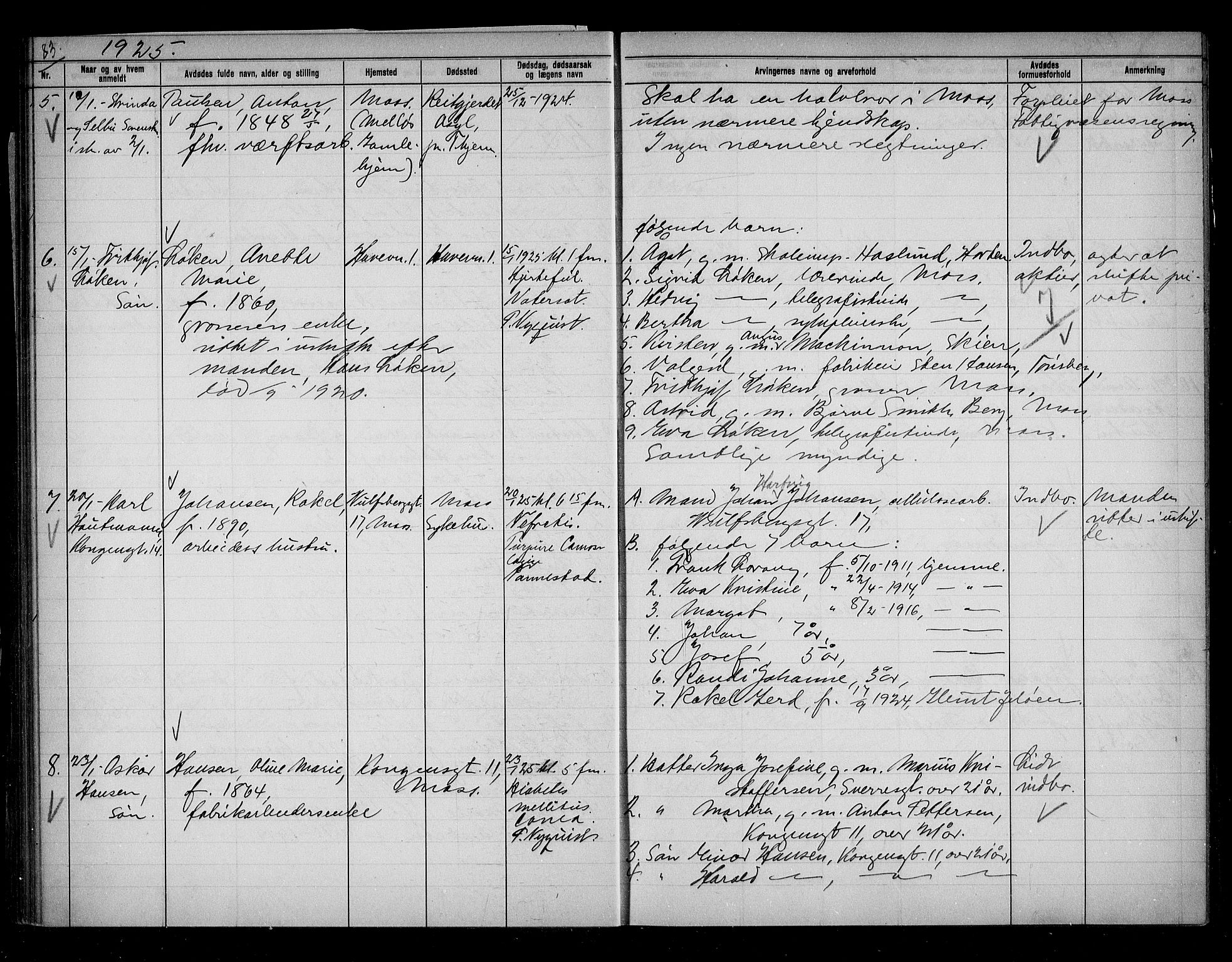Moss byfogd, AV/SAO-A-10863/H/Ha/Hab/L0006: Dødsanmeldelsesprotokoll, 1921-1931, s. 83