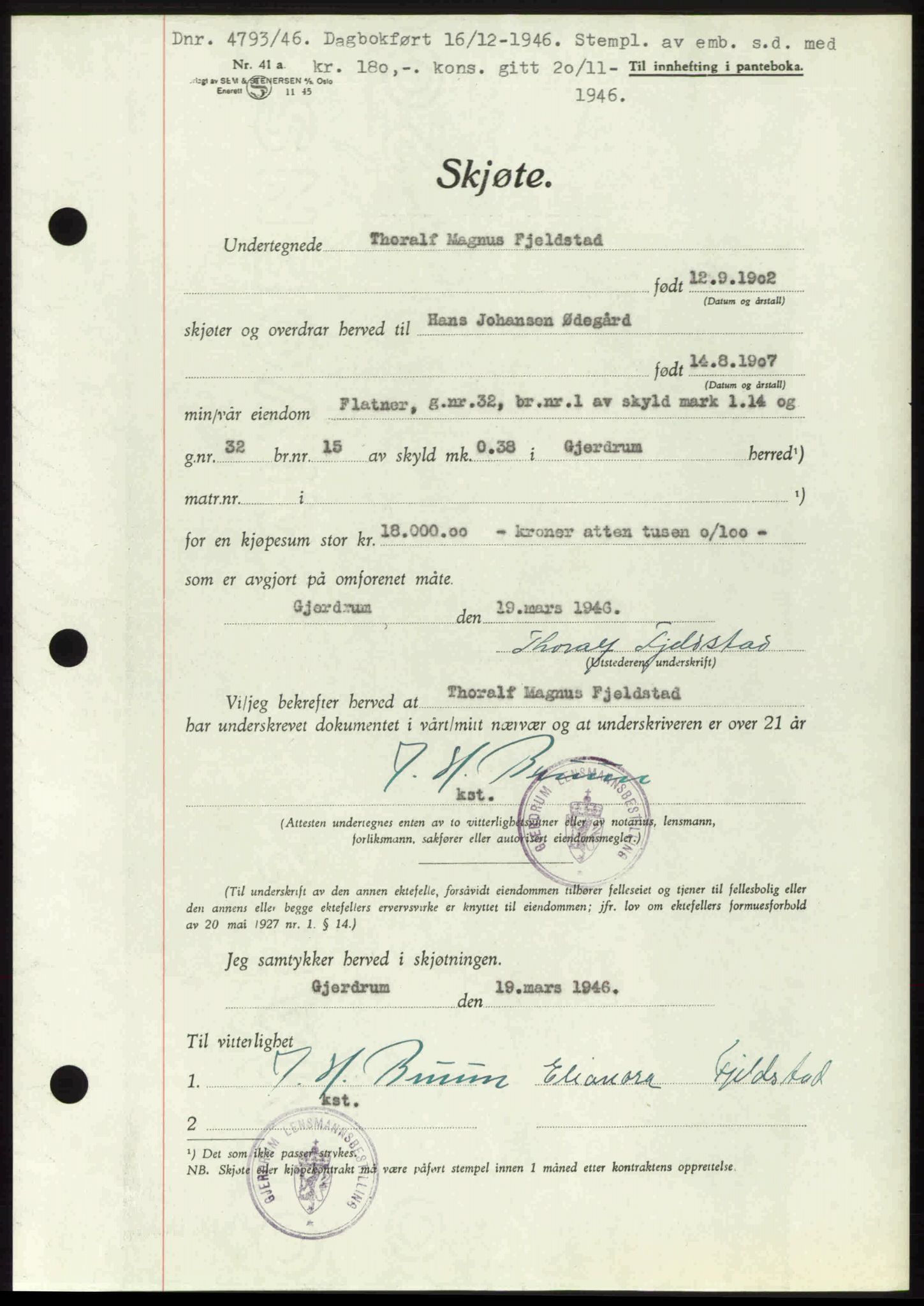 Nedre Romerike sorenskriveri, AV/SAO-A-10469/G/Gb/Gbd/L0017: Pantebok nr. 17, 1946-1946, Dagboknr: 4793/1946