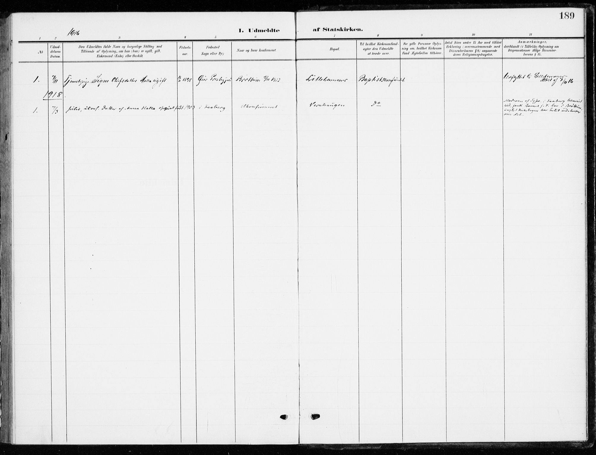 Ringsaker prestekontor, AV/SAH-PREST-014/K/Ka/L0021: Ministerialbok nr. 21, 1905-1920, s. 189