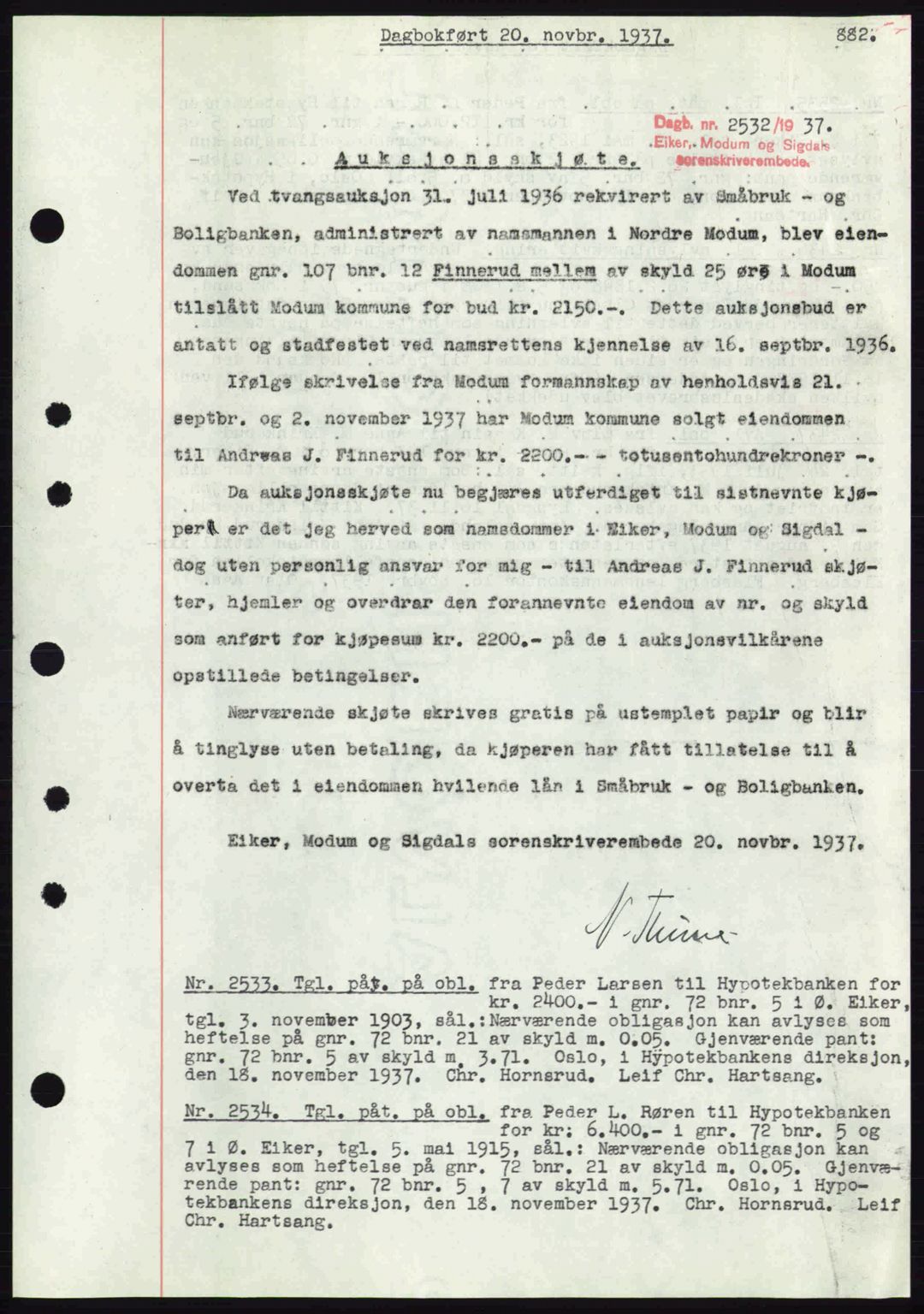Eiker, Modum og Sigdal sorenskriveri, SAKO/A-123/G/Ga/Gab/L0036: Pantebok nr. A6, 1937-1937, Dagboknr: 2532/1937