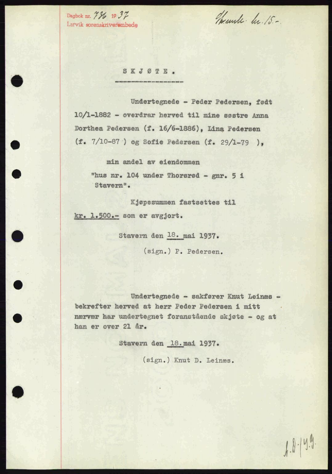 Larvik sorenskriveri, SAKO/A-83/G/Ga/Gab/L0067: Pantebok nr. A-1, 1936-1937, Dagboknr: 736/1937