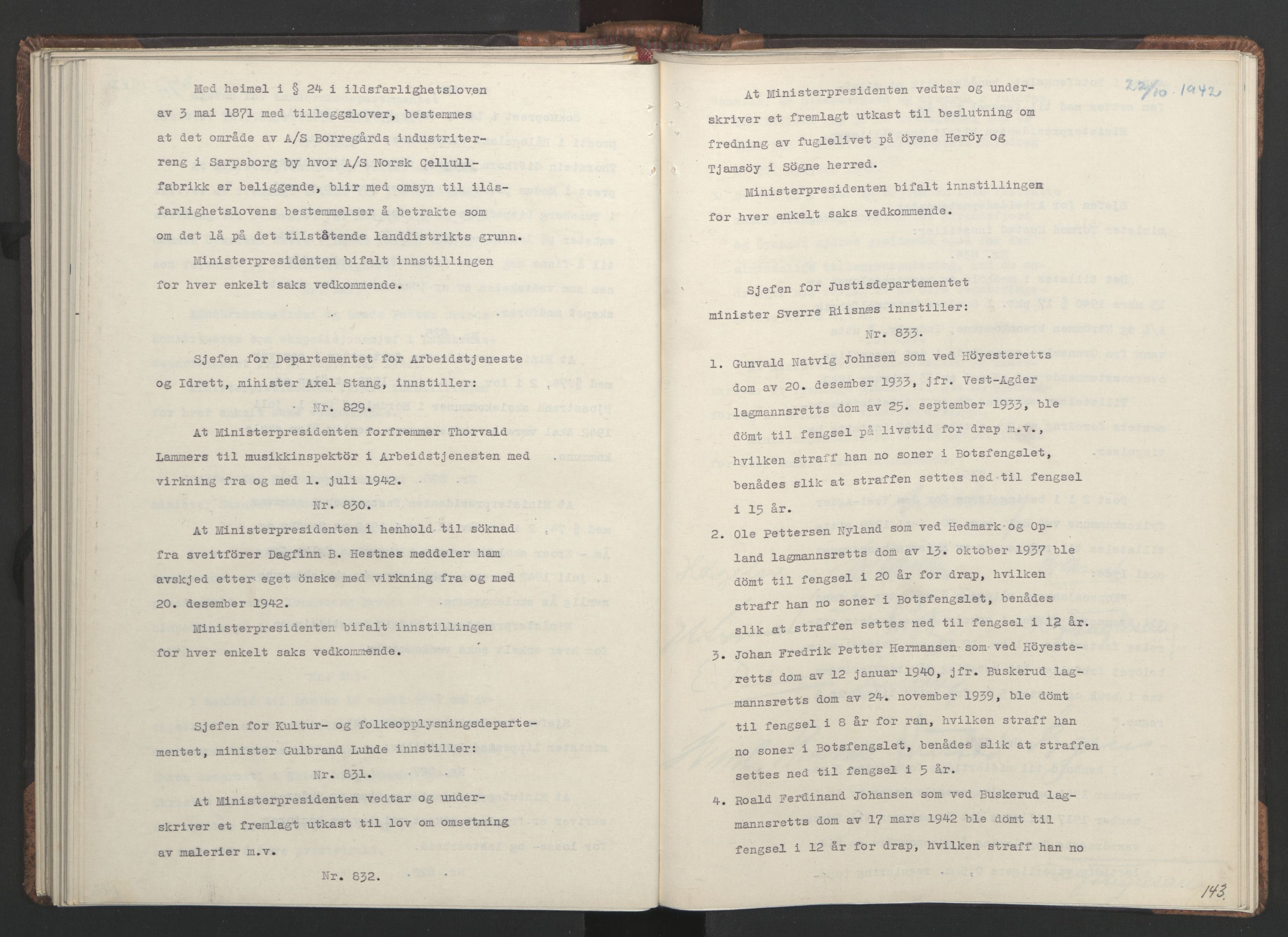 NS-administrasjonen 1940-1945 (Statsrådsekretariatet, de kommisariske statsråder mm), RA/S-4279/D/Da/L0001: Beslutninger og tillegg (1-952 og 1-32), 1942, s. 146