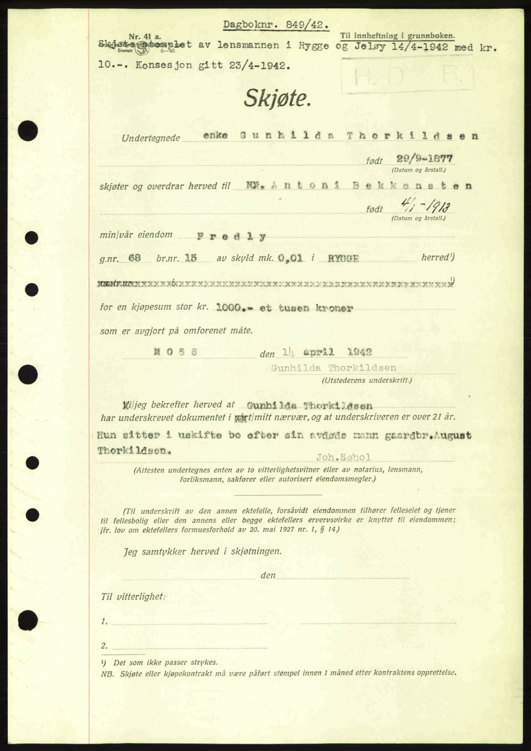 Moss sorenskriveri, SAO/A-10168: Pantebok nr. A9, 1941-1942, Dagboknr: 849/1942