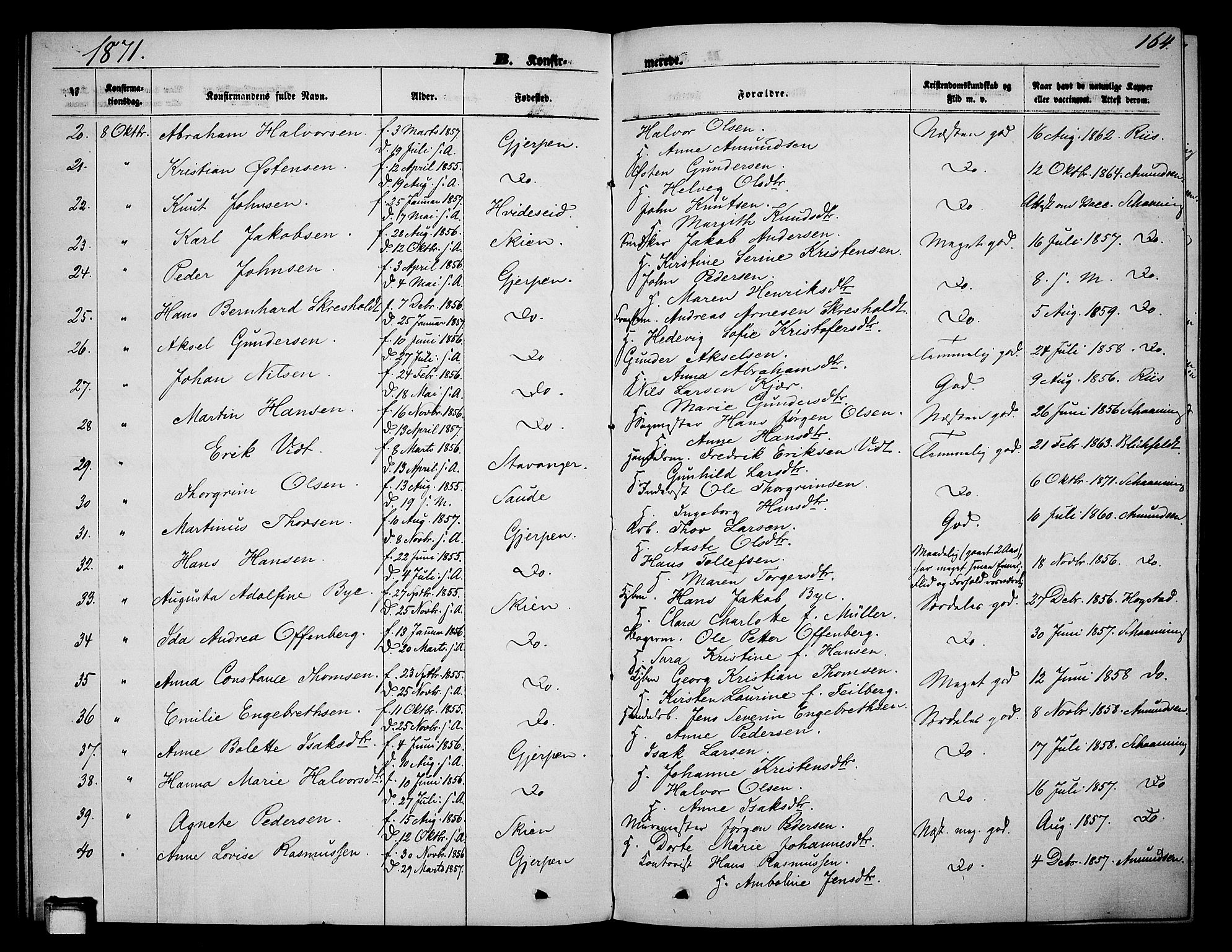 Skien kirkebøker, AV/SAKO-A-302/G/Ga/L0005: Klokkerbok nr. 5, 1868-1880, s. 164