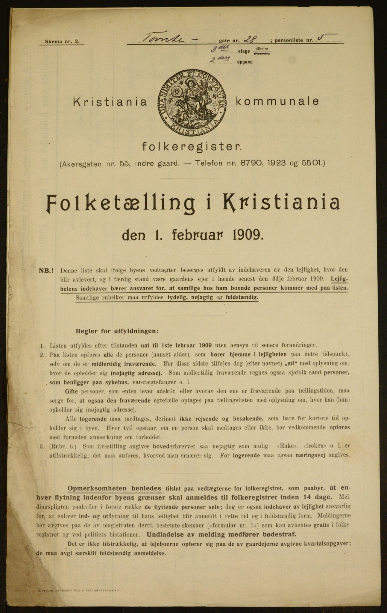 OBA, Kommunal folketelling 1.2.1909 for Kristiania kjøpstad, 1909, s. 103109