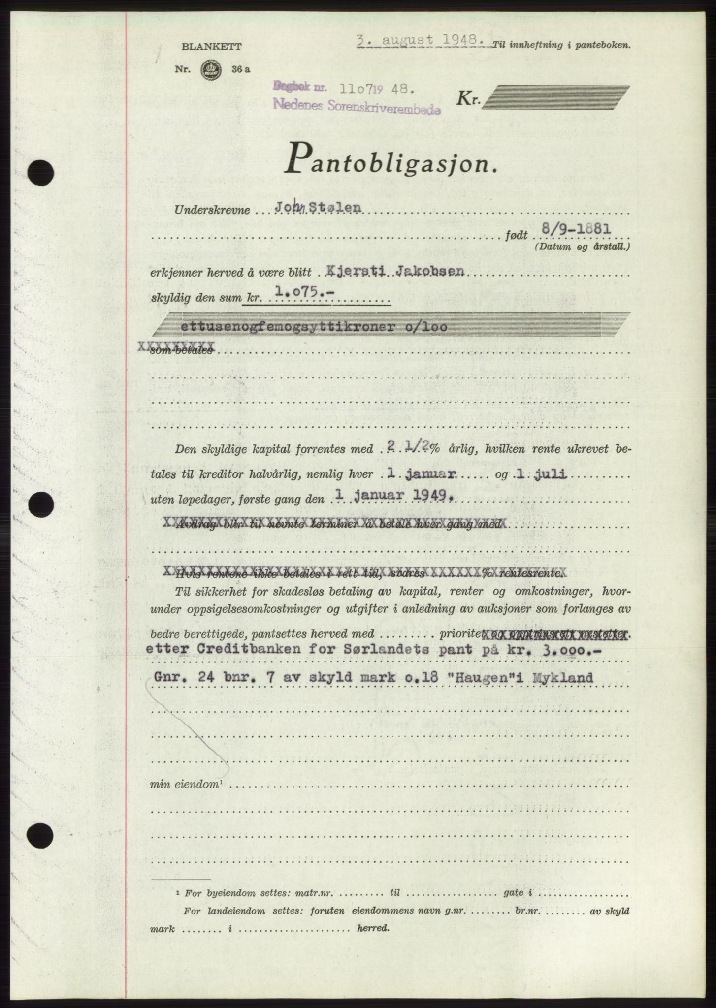 Nedenes sorenskriveri, AV/SAK-1221-0006/G/Gb/Gbb/L0005: Pantebok nr. B5, 1948-1948, Dagboknr: 1107/1948