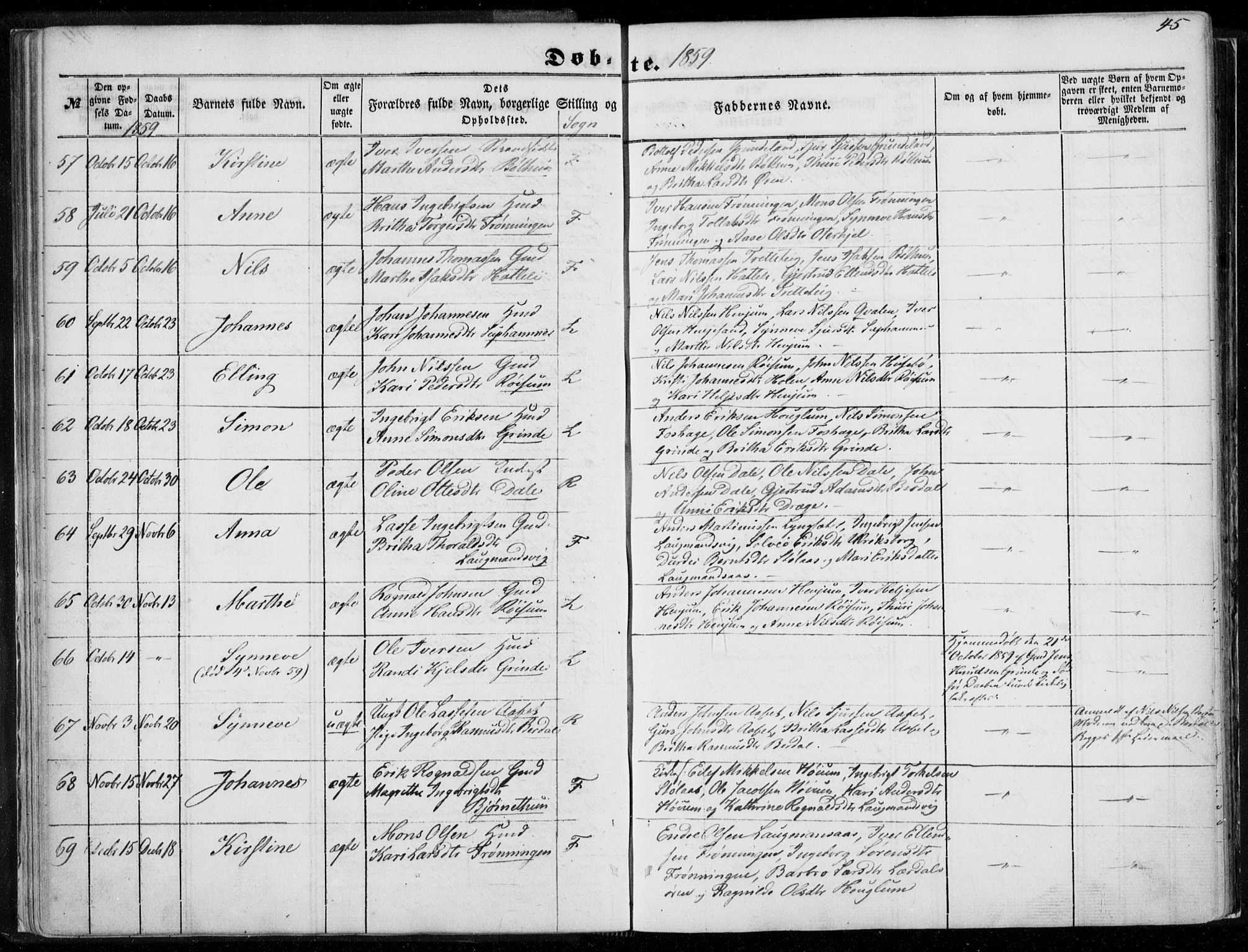 Leikanger sokneprestembete, AV/SAB-A-81001/H/Haa/Haaa/L0008: Ministerialbok nr. A 8, 1852-1868, s. 45