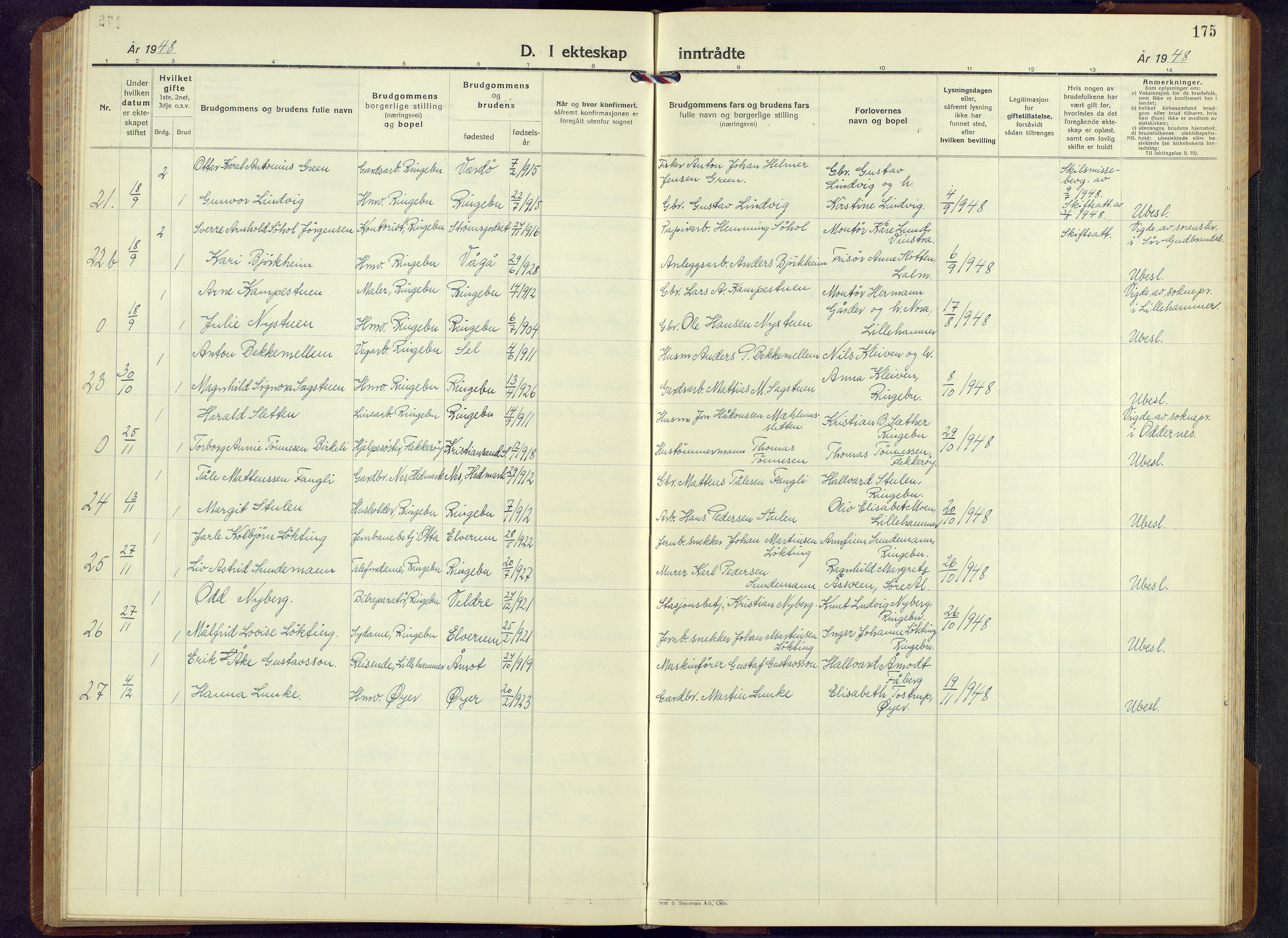 Ringebu prestekontor, AV/SAH-PREST-082/H/Ha/Hab/L0013: Klokkerbok nr. 13, 1943-1956, s. 175