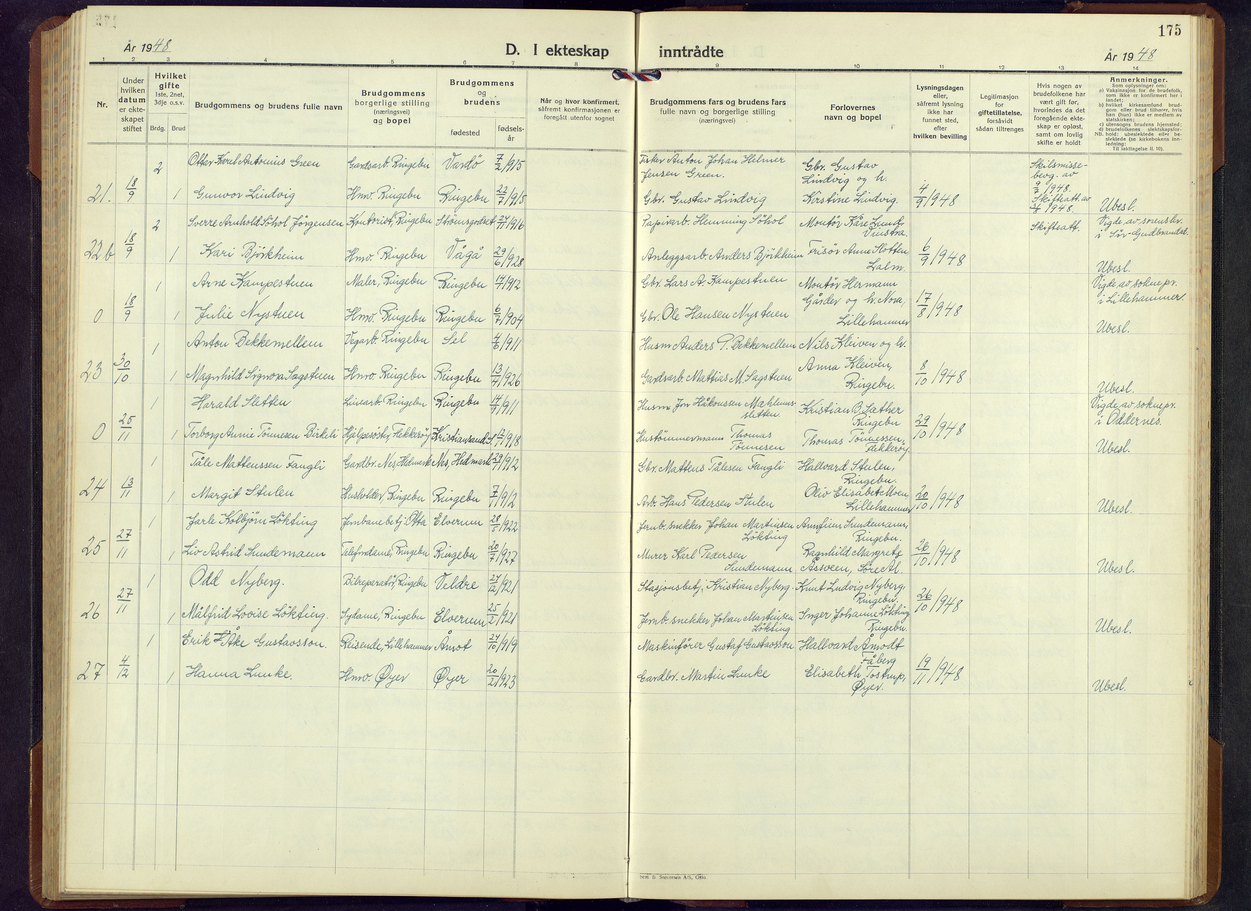 Ringebu prestekontor, SAH/PREST-082/H/Ha/Hab/L0013: Klokkerbok nr. 13, 1943-1956, s. 175