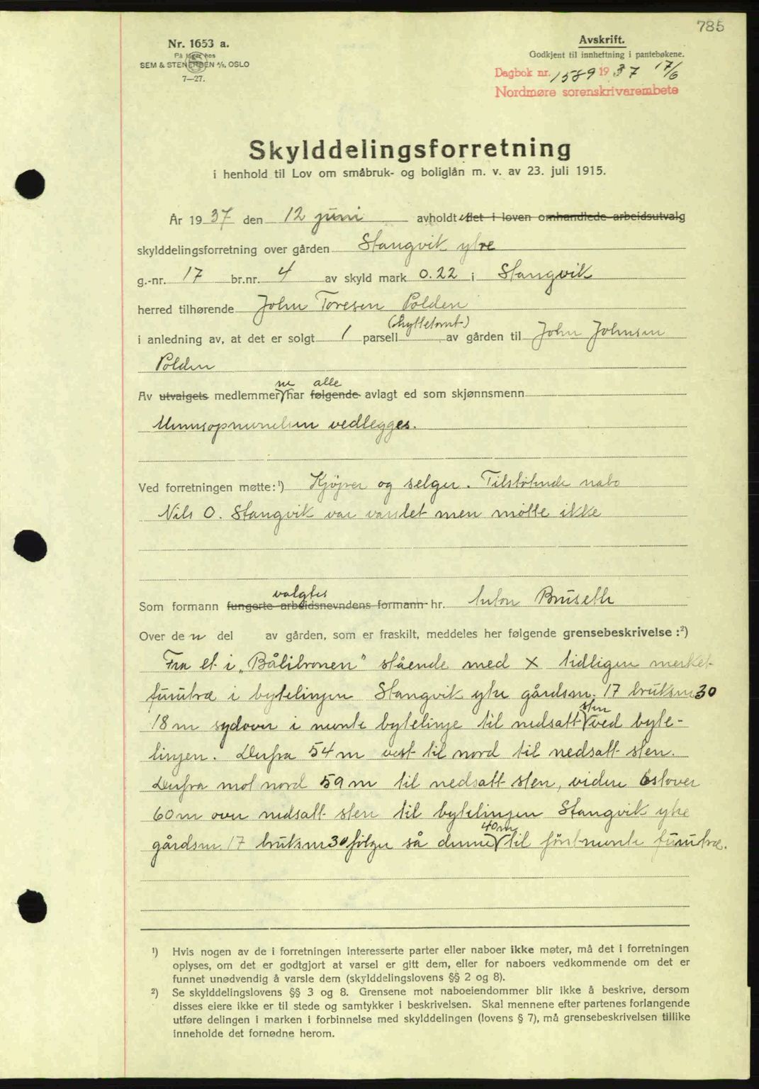 Nordmøre sorenskriveri, SAT/A-4132/1/2/2Ca: Pantebok nr. A81, 1937-1937, Dagboknr: 1589/1937