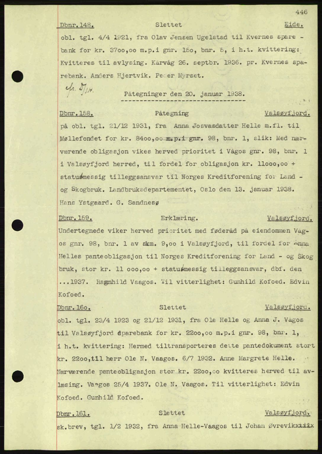 Nordmøre sorenskriveri, SAT/A-4132/1/2/2Ca: Pantebok nr. C80, 1936-1939, Dagboknr: 148/1938