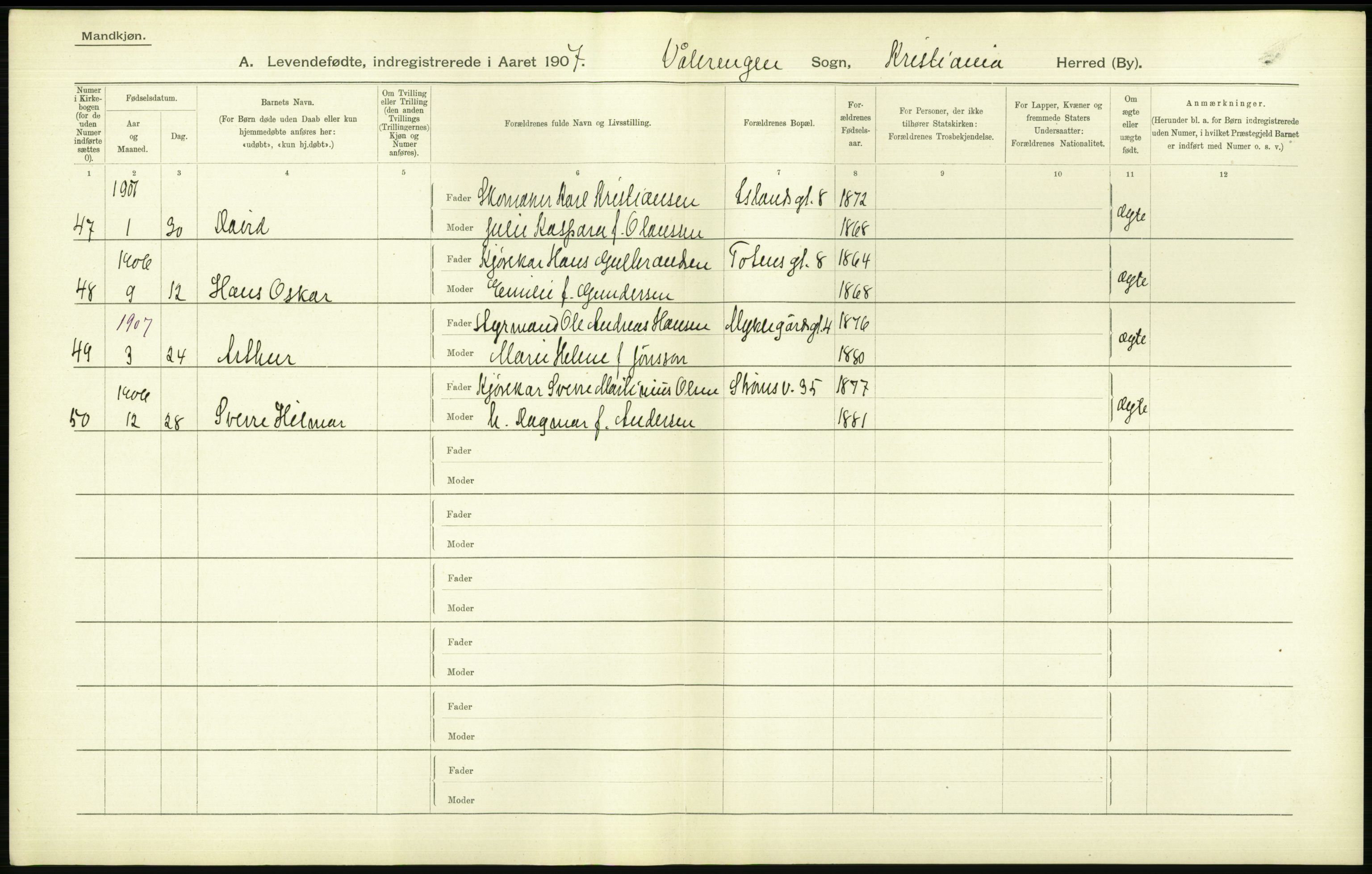 Statistisk sentralbyrå, Sosiodemografiske emner, Befolkning, AV/RA-S-2228/D/Df/Dfa/Dfae/L0007: Kristiania: Levendefødte menn og kvinner., 1907, s. 608