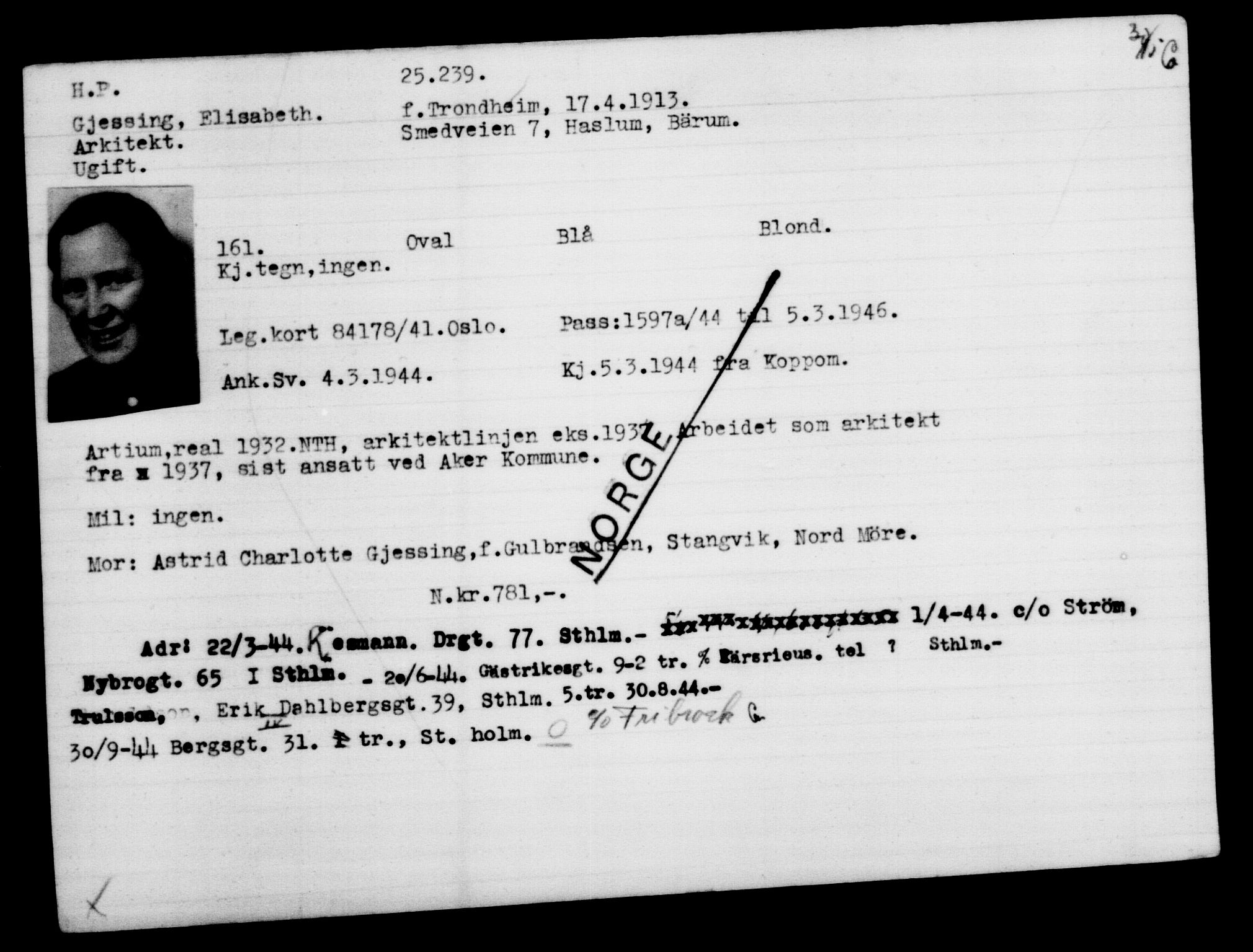 Utenriksstasjonene, Legasjonen i Stockholm, Flyktningkontoret, AV/RA-S-6753/V/Va/L0010: Kjesäterkartoteket, flyktninger med registreringsnr. 22000-25314, 1940-1945, s. 3405