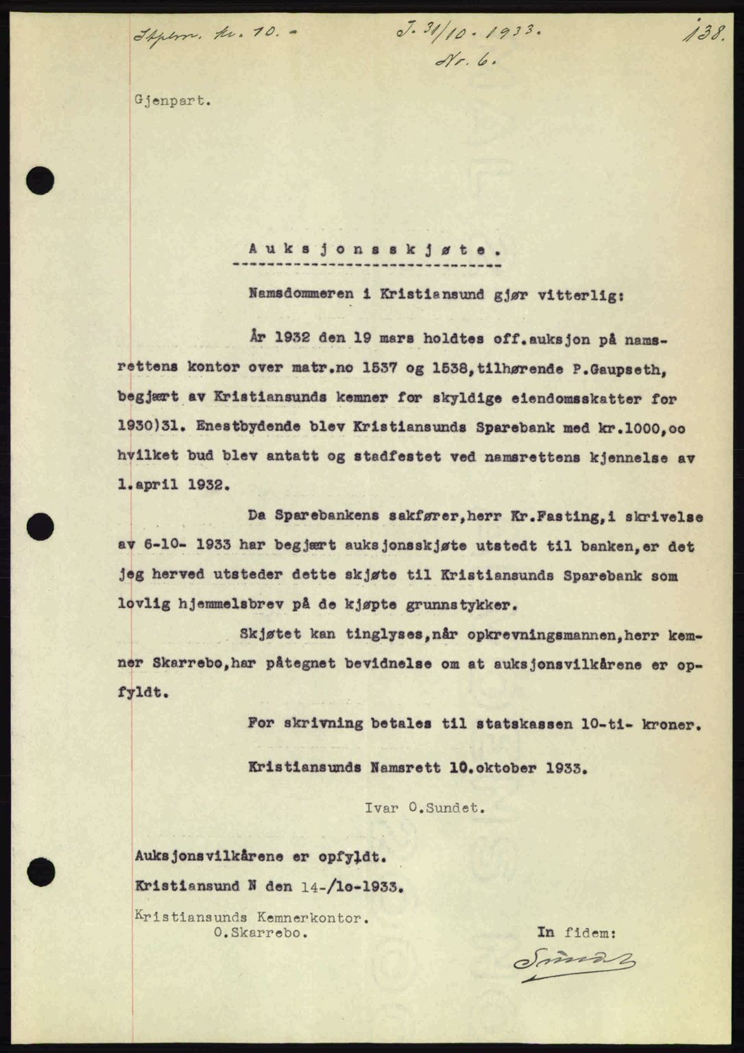 Kristiansund byfogd, SAT/A-4587/A/27: Pantebok nr. 27, 1933-1934, Tingl.dato: 31.10.1933