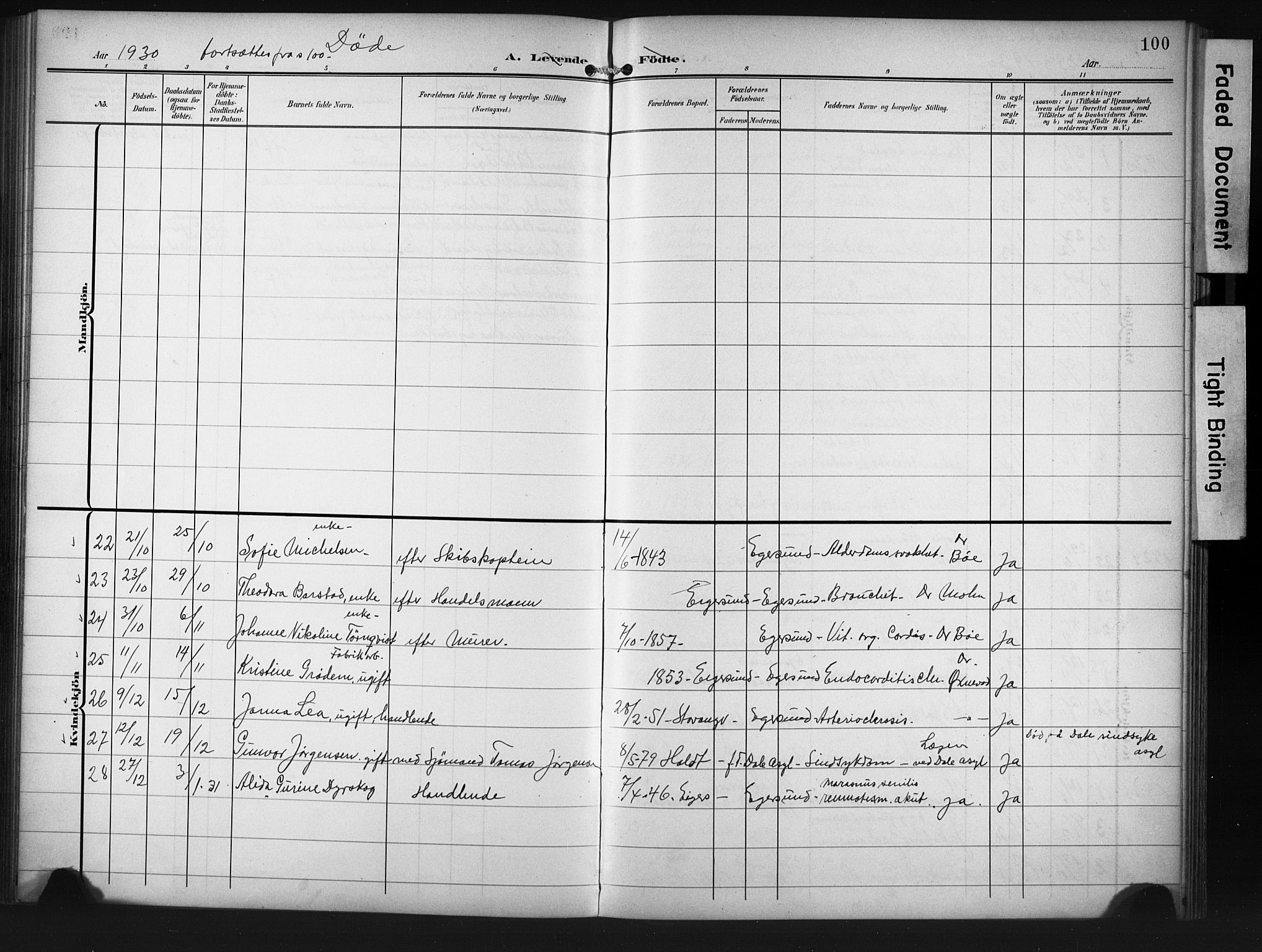 Eigersund sokneprestkontor, AV/SAST-A-101807/001/30/30BB/L0012: Klokkerbok nr. B 12, 1908-1930, s. 100