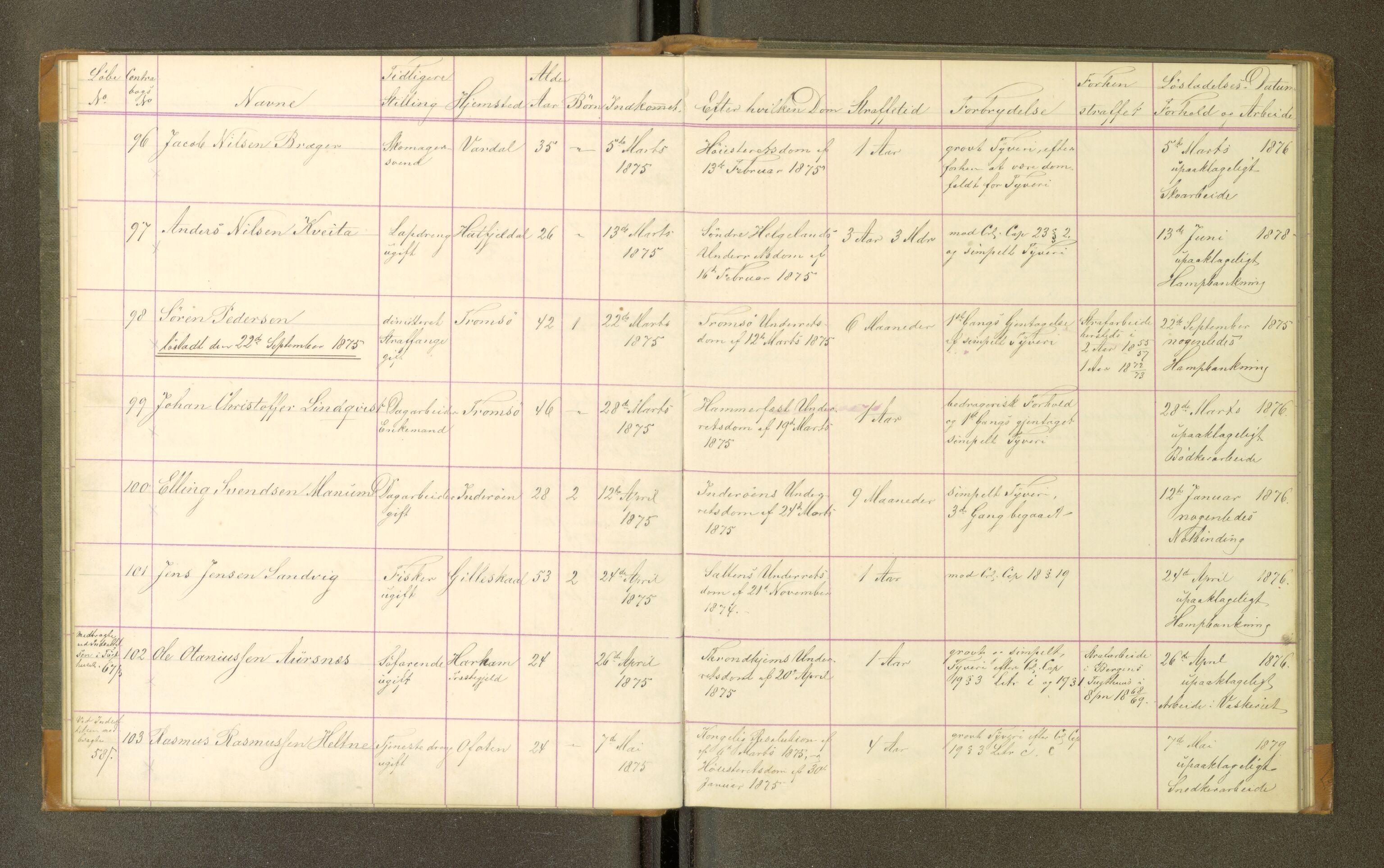 Trondheim tukthus, AV/SAT-A-4619/05/65/L0031: 65.31 Fangeprotokoll, 1875