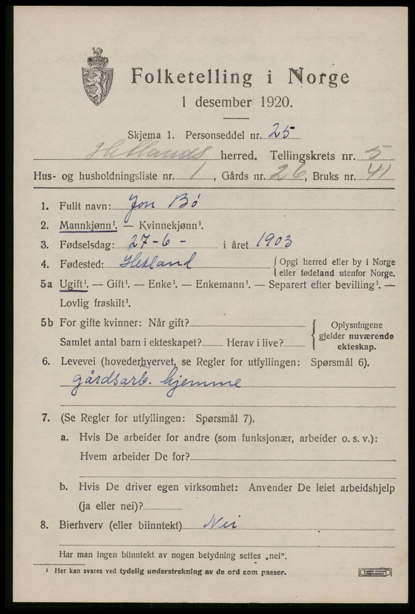 SAST, Folketelling 1920 for 1126 Hetland herred, 1920, s. 8201