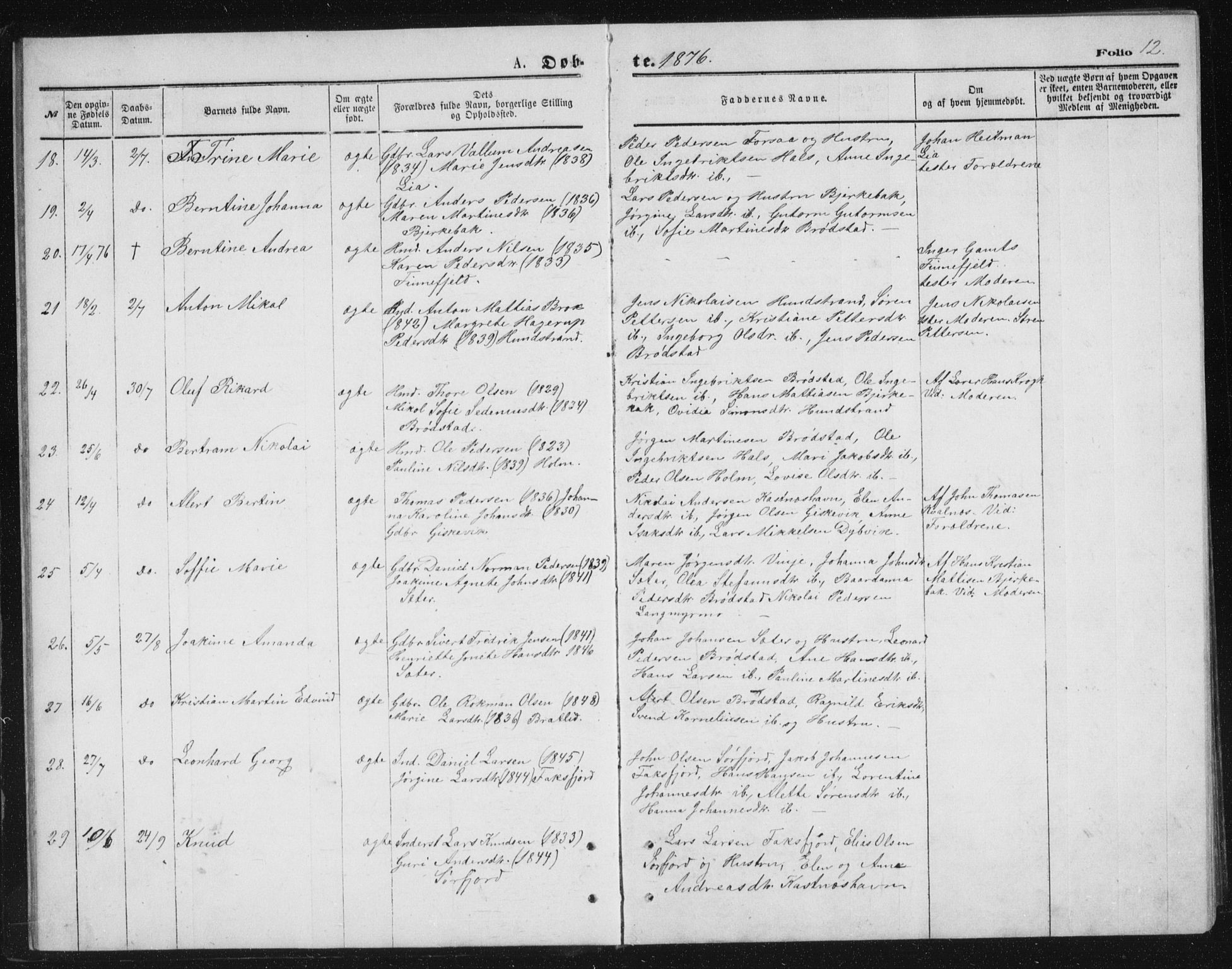 Tranøy sokneprestkontor, AV/SATØ-S-1313/I/Ia/Iab/L0013klokker: Klokkerbok nr. 13, 1874-1896, s. 12