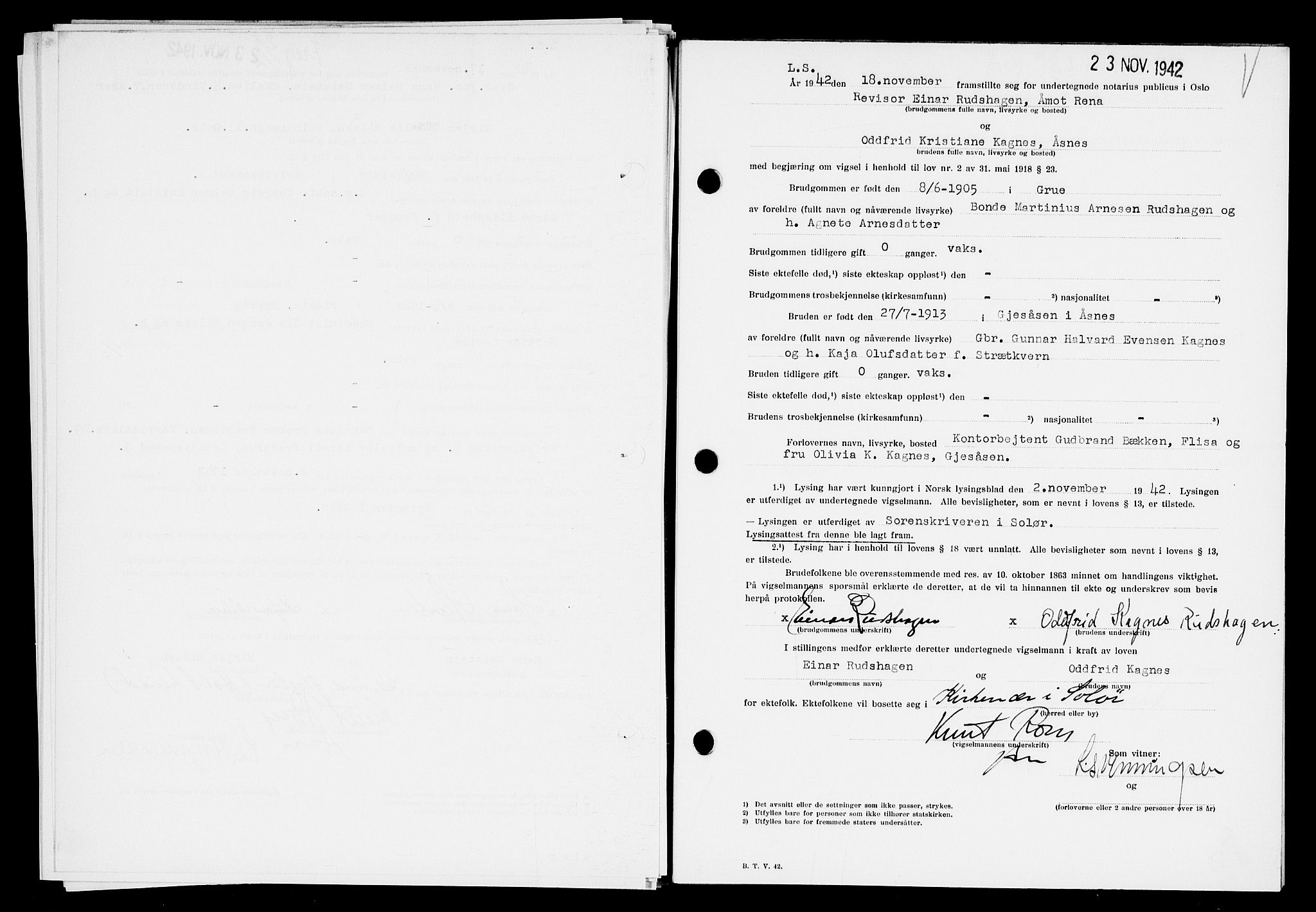 Oslo byfogd avd. I, AV/SAO-A-10220/L/Lb/Lbb/L0042: Notarialprotokoll, rekke II: Vigsler, 1942