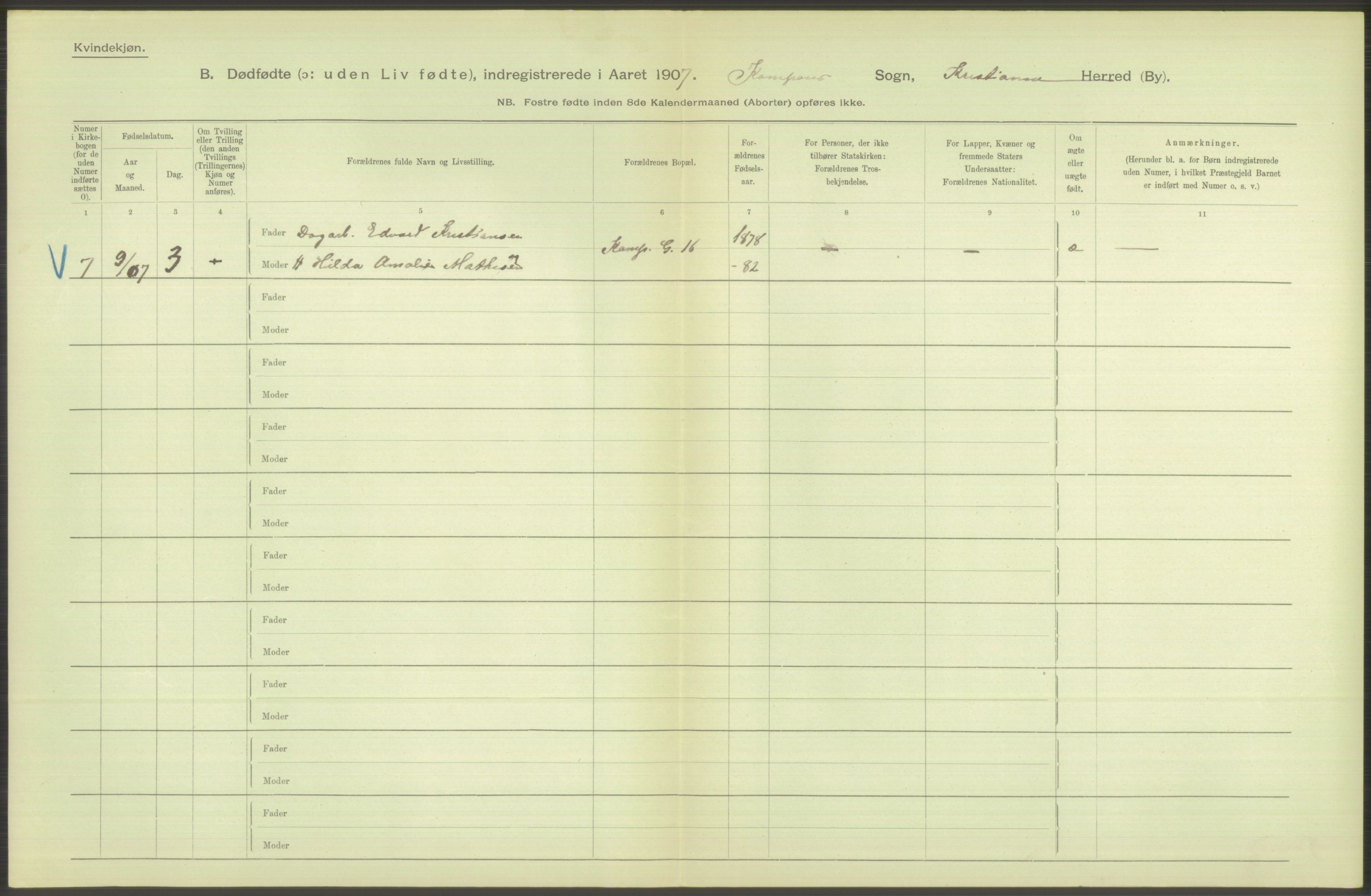 Statistisk sentralbyrå, Sosiodemografiske emner, Befolkning, AV/RA-S-2228/D/Df/Dfa/Dfae/L0010: Kristiania: Døde, dødfødte, 1907, s. 172