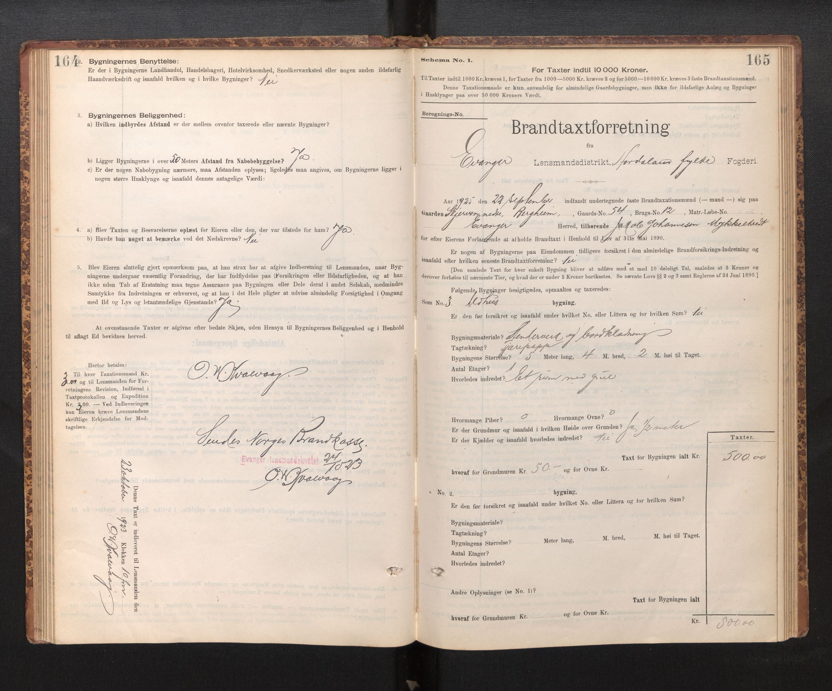 Lensmannen i Evanger, SAB/A-31701/0012/L0005: Branntakstprotokoll, skjematakst, 1895-1935, s. 164-165
