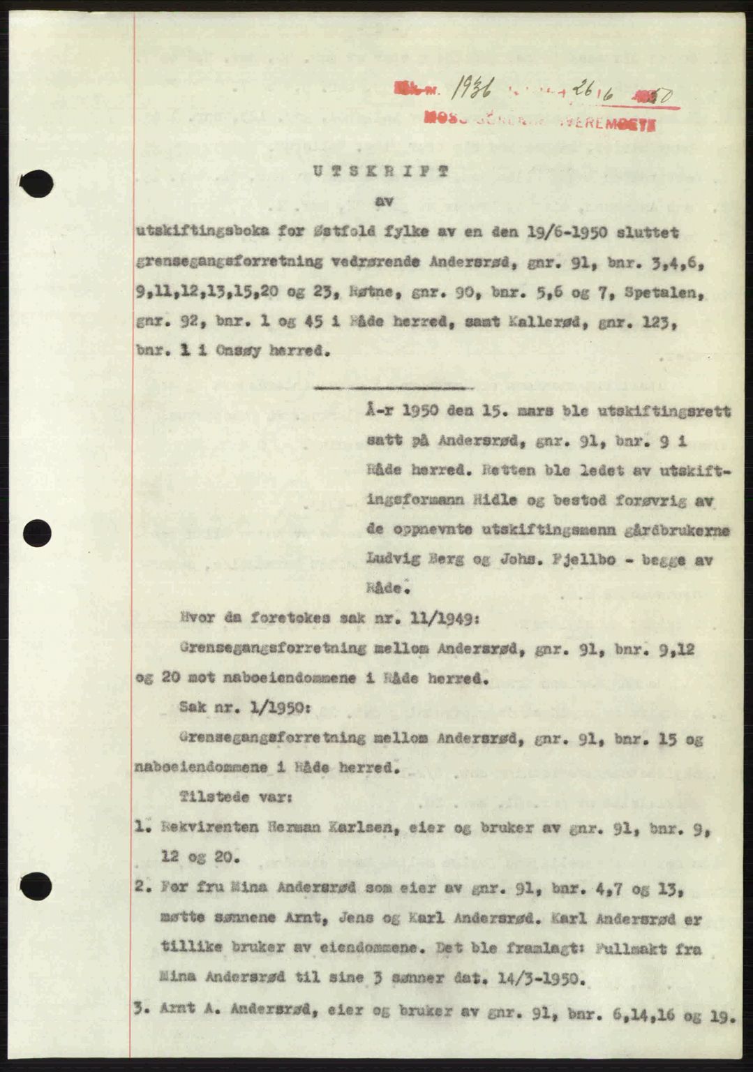 Moss sorenskriveri, SAO/A-10168: Pantebok nr. A26, 1950-1950, Dagboknr: 1936/1950