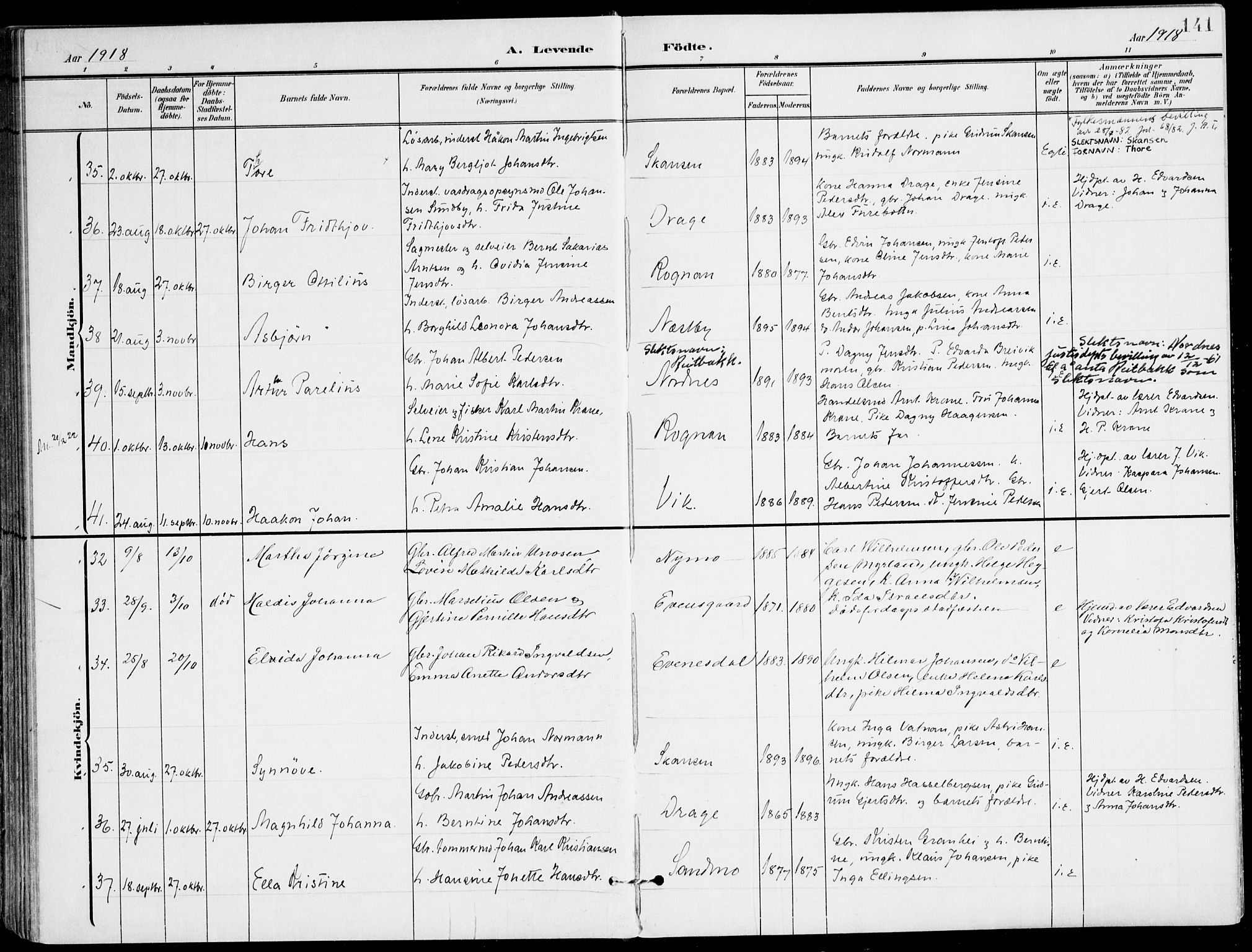 Ministerialprotokoller, klokkerbøker og fødselsregistre - Nordland, AV/SAT-A-1459/847/L0672: Ministerialbok nr. 847A12, 1902-1919, s. 141