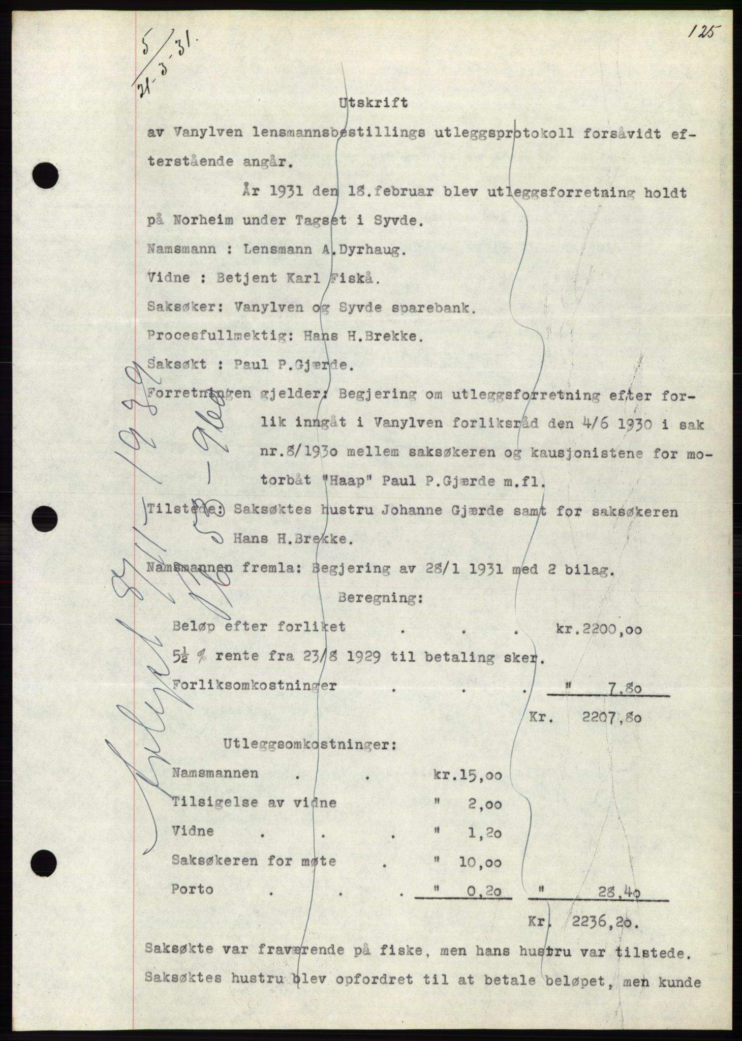 Søre Sunnmøre sorenskriveri, AV/SAT-A-4122/1/2/2C/L0052: Pantebok nr. 46, 1931-1931, Tingl.dato: 21.03.1931