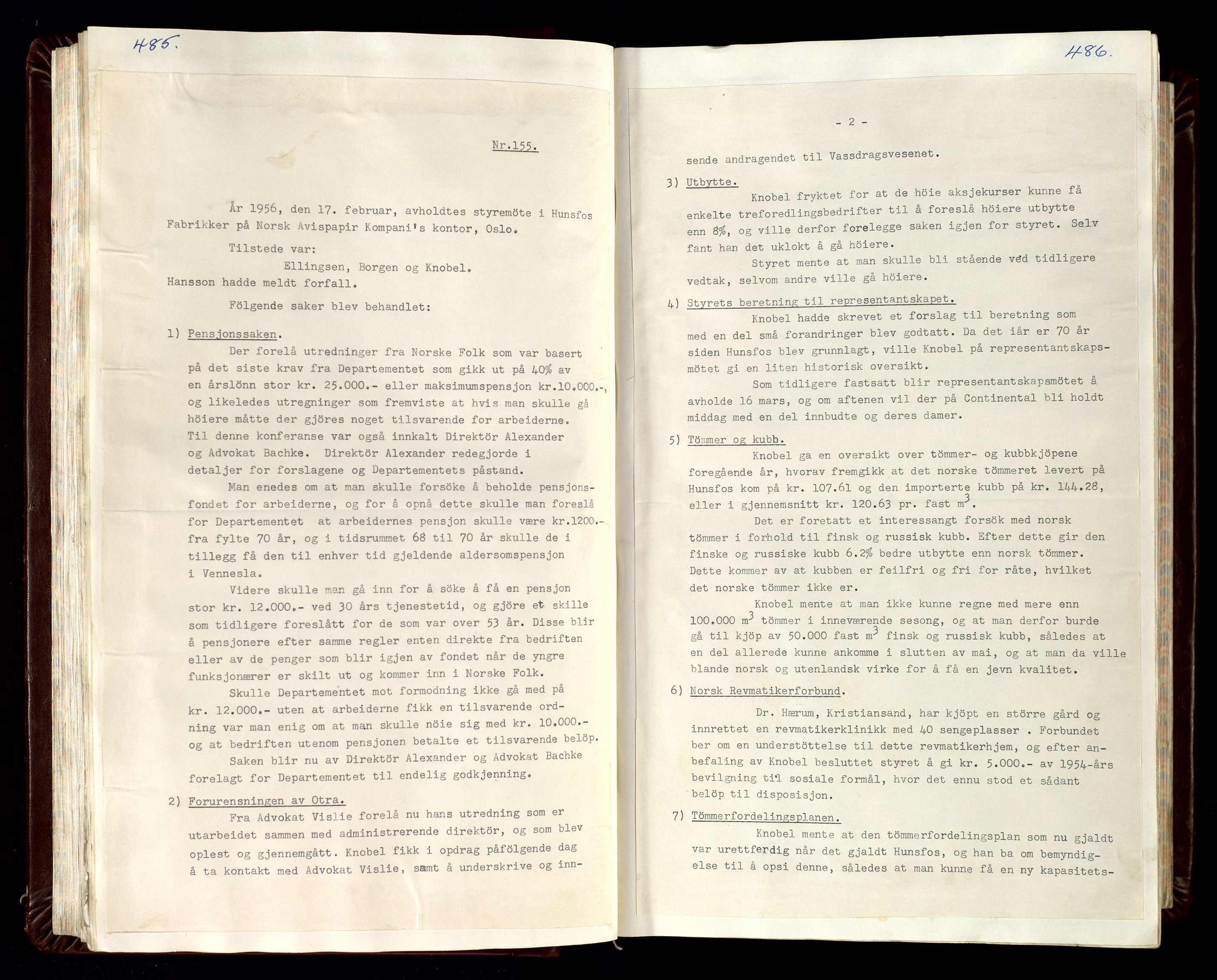 Hunsfos fabrikker, SAK/D/1440/02/L0007: Referatprotokoll fra styremøter (møte nr 114-221), 1951-1964, s. 485-486