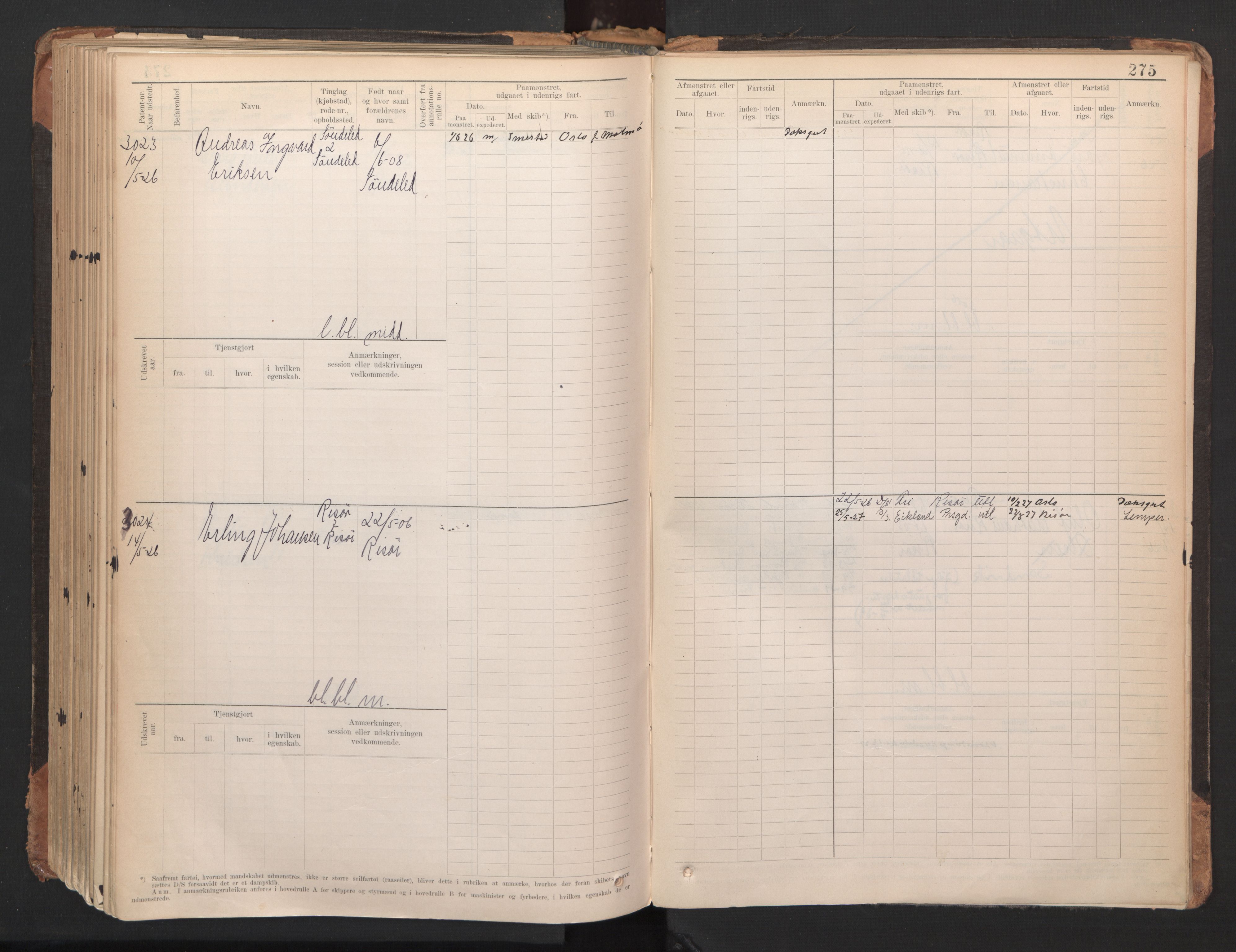 Risør mønstringskrets, AV/SAK-2031-0010/F/Fb/L0005: Hovedrulle A nr 2485-3065, Q-5, 1904-1948, s. 285