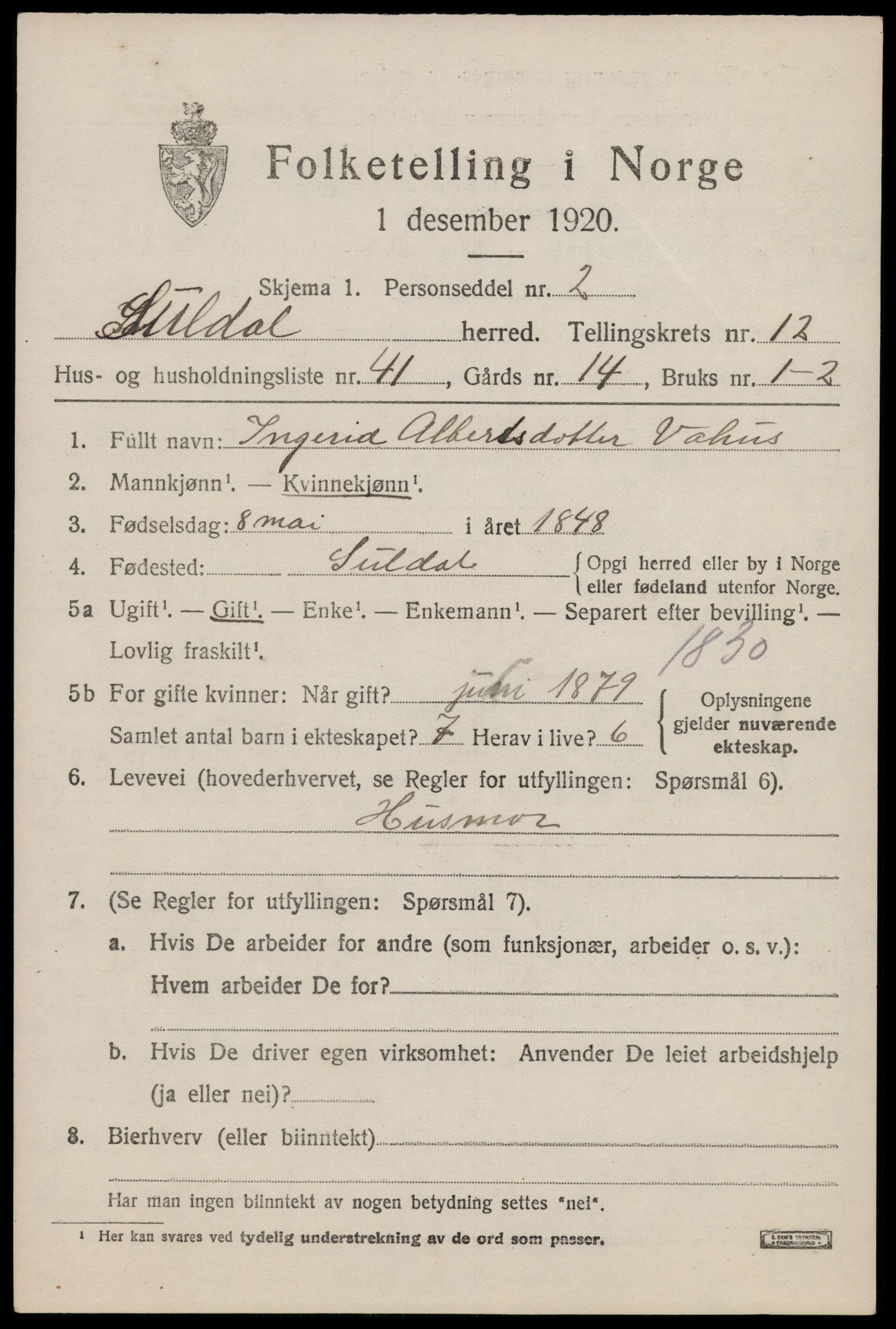 SAST, Folketelling 1920 for 1134 Suldal herred, 1920, s. 3928