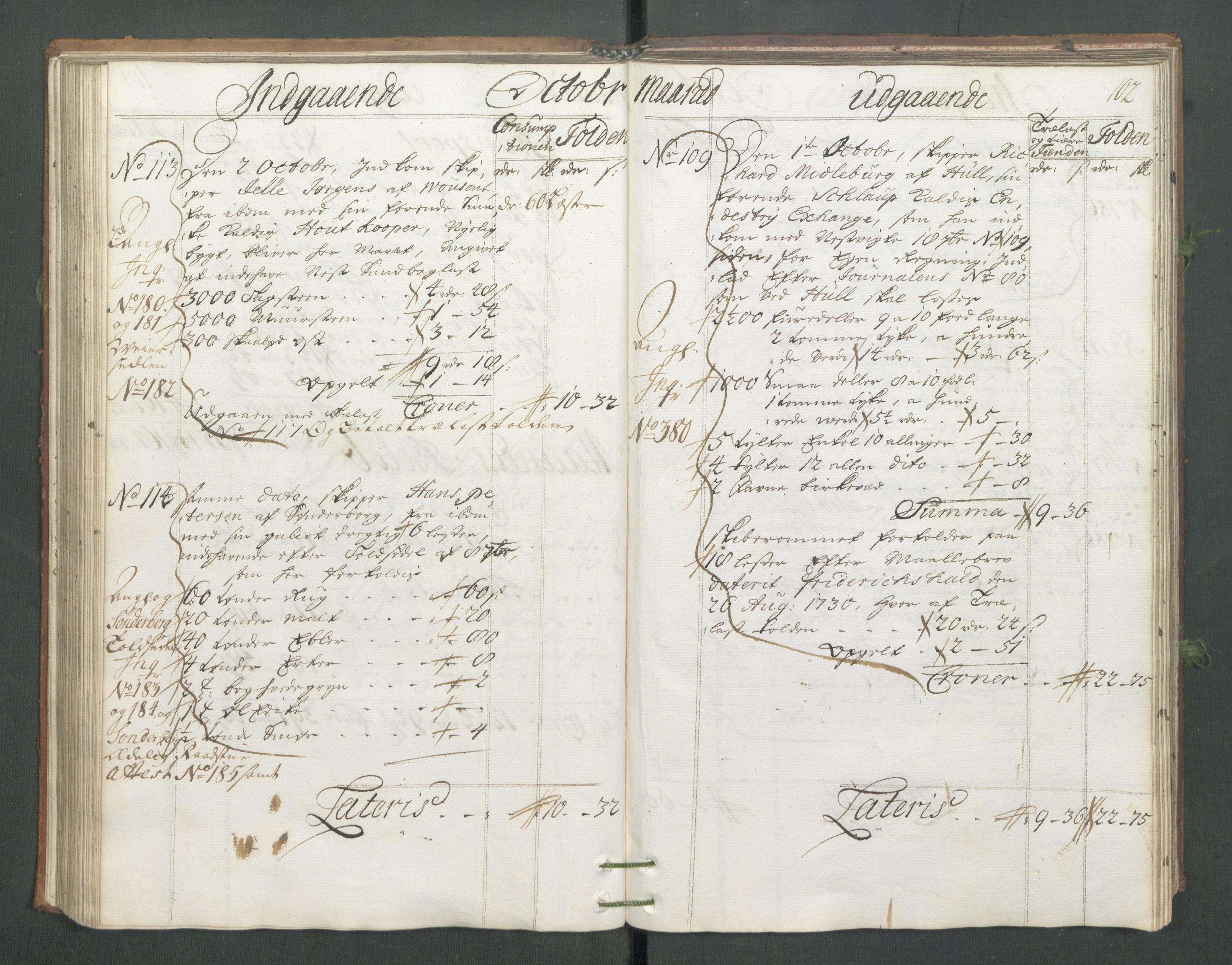 Generaltollkammeret, tollregnskaper, RA/EA-5490/R02/L0006/0001: Tollregnskaper Fredrikstad / Hovedtollbok, 1731, s. 102