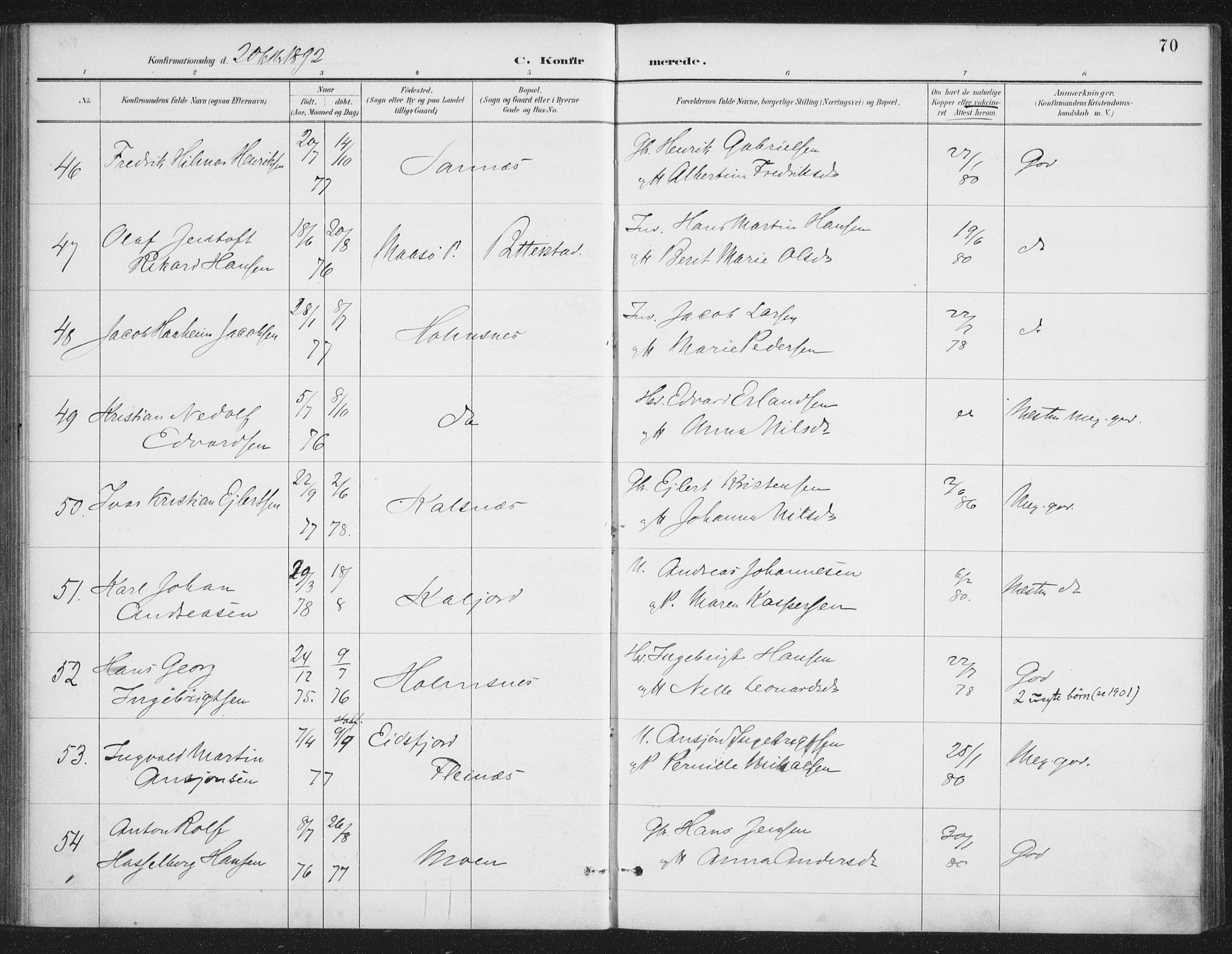 Ministerialprotokoller, klokkerbøker og fødselsregistre - Nordland, AV/SAT-A-1459/888/L1245: Ministerialbok nr. 888A11, 1888-1900, s. 70