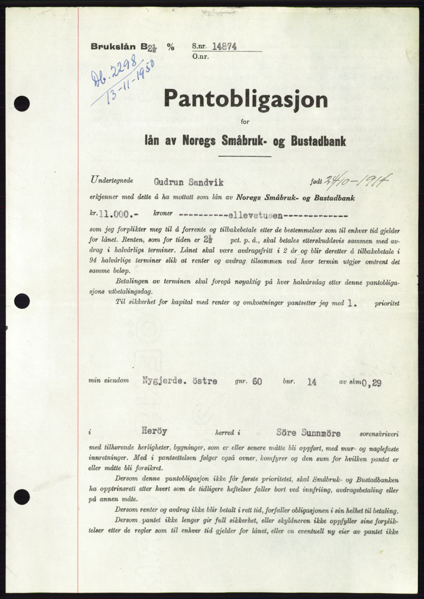 Søre Sunnmøre sorenskriveri, AV/SAT-A-4122/1/2/2C/L0119: Pantebok nr. 7B, 1950-1951, Dagboknr: 2298/1950