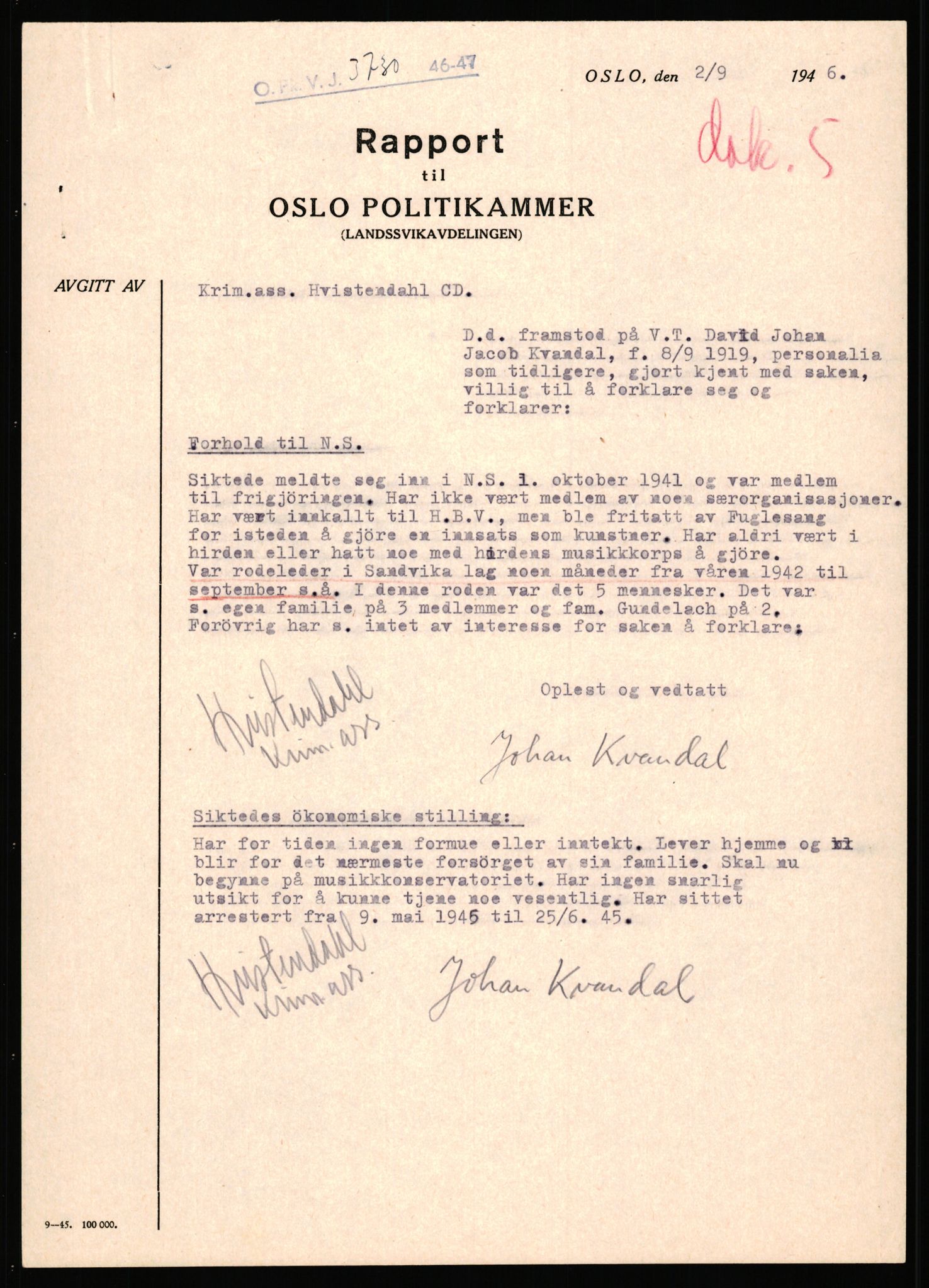 Landssvikarkivet, Oslo politikammer, RA/S-3138-01/D/Dd/L0033/0330: Forelegg, anr. 3646 - 3730 / Anr. 3730, 1945-1946, s. 11