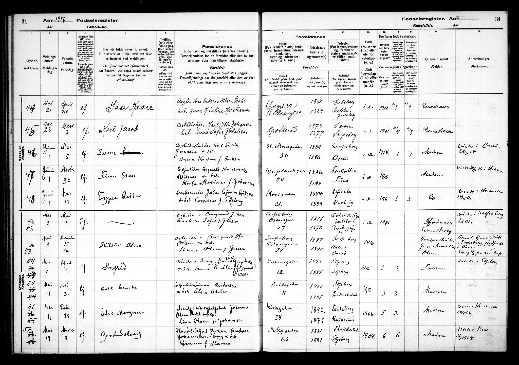 Sarpsborg prestekontor Kirkebøker, AV/SAO-A-2006/J/Ja/L0001: Fødselsregister nr. 1, 1916-1922, s. 34