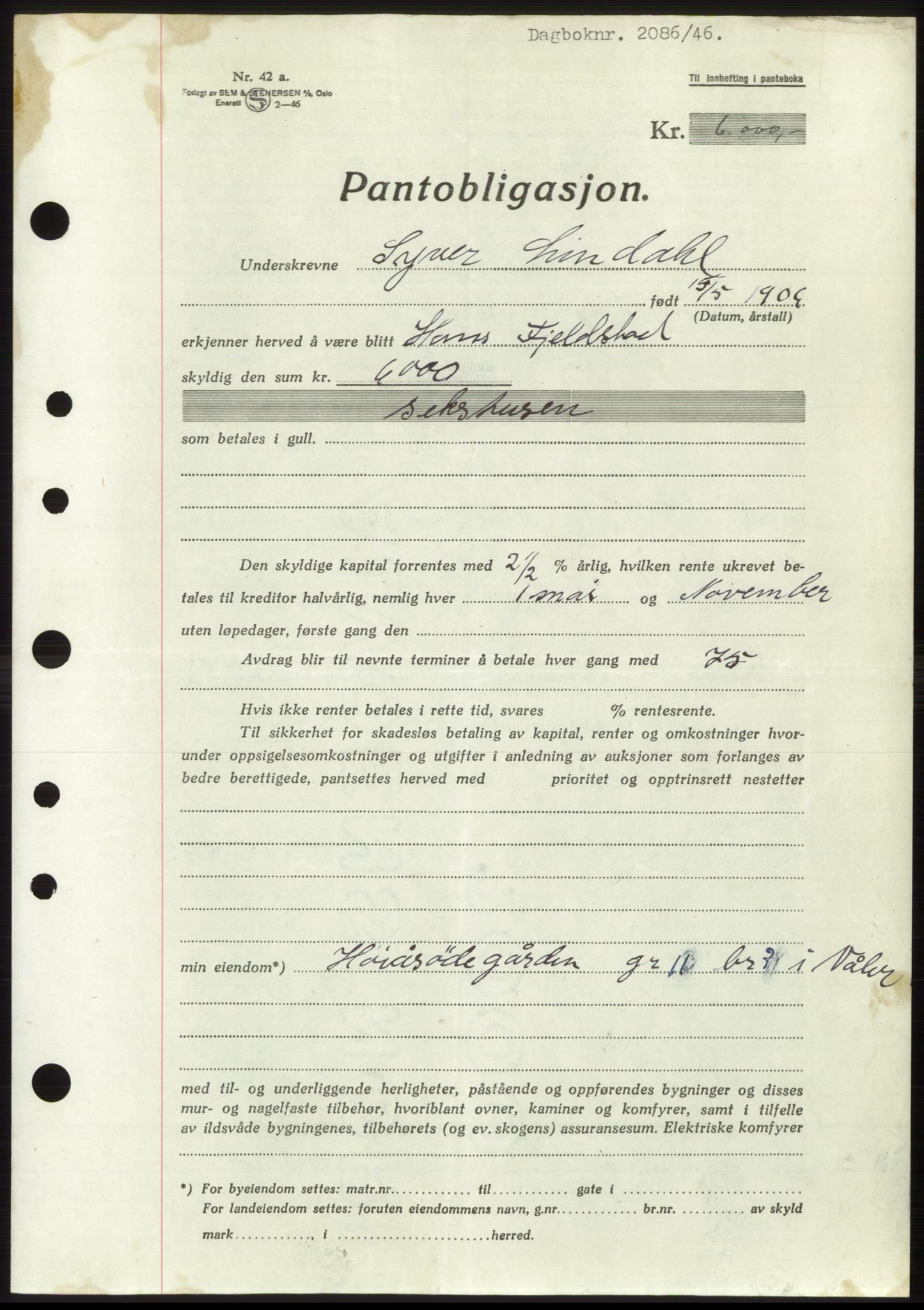 Moss sorenskriveri, AV/SAO-A-10168: Pantebok nr. B15, 1946-1946, Dagboknr: 2086/1946