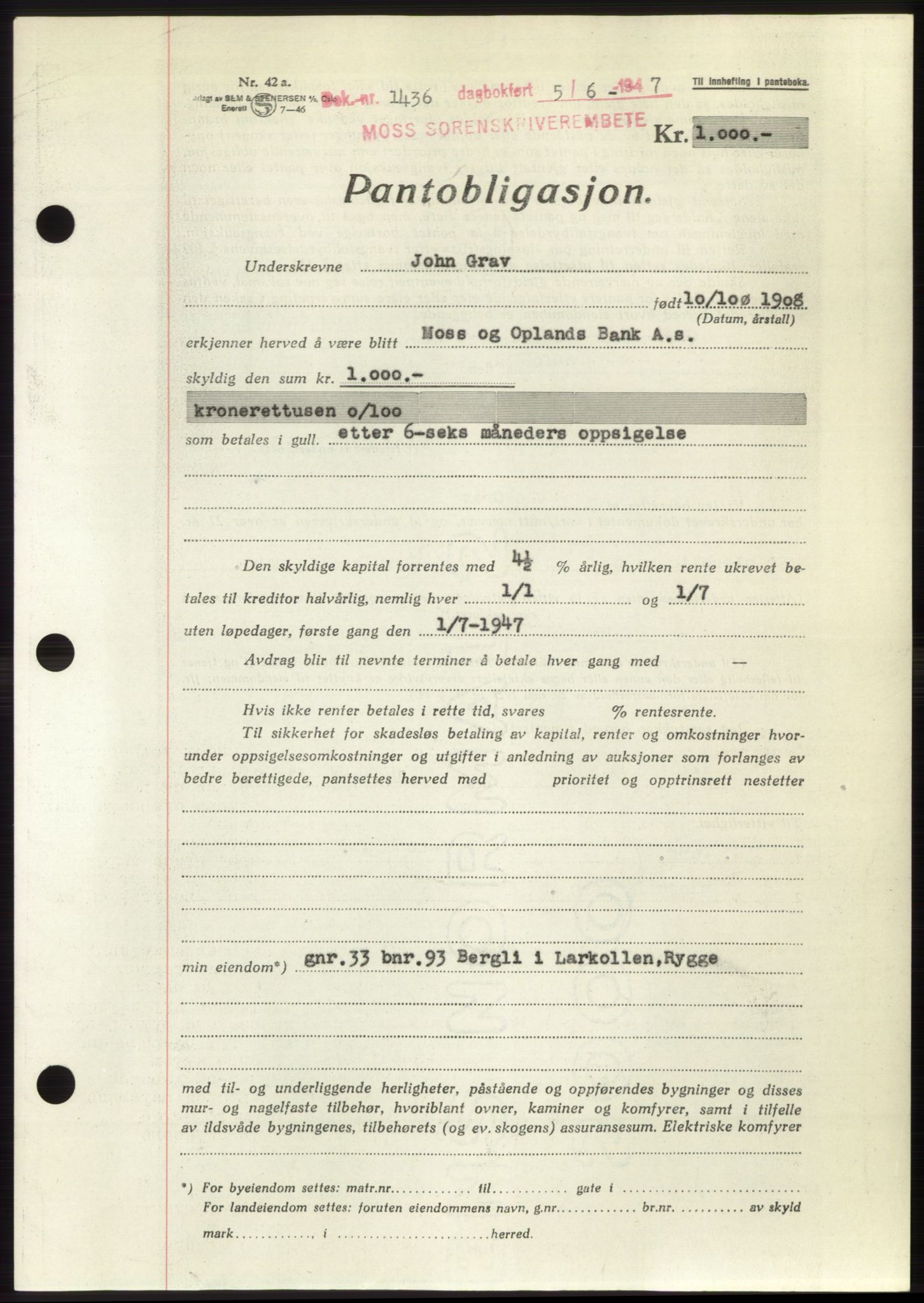 Moss sorenskriveri, SAO/A-10168: Pantebok nr. B17, 1947-1947, Dagboknr: 1436/1947