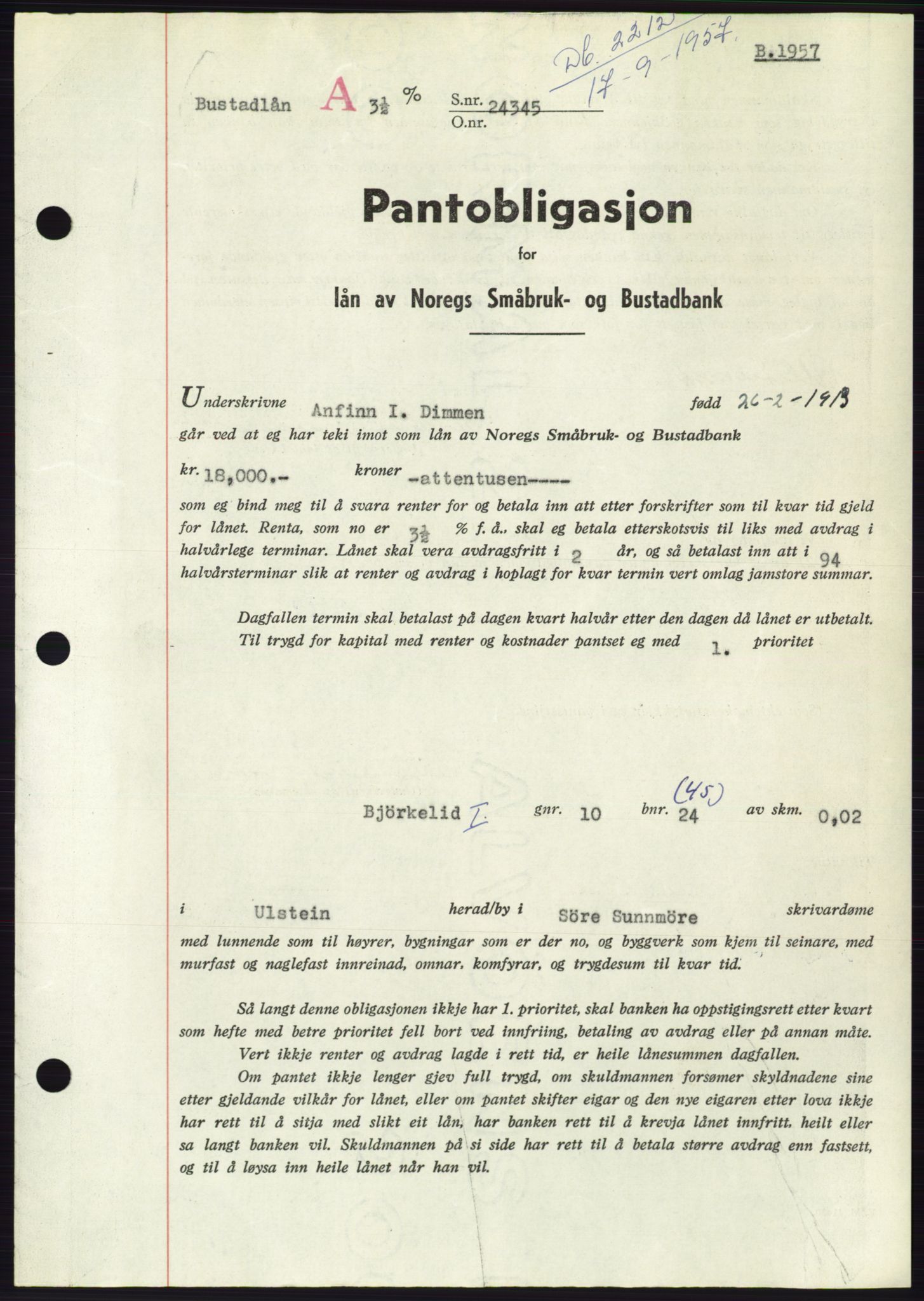 Søre Sunnmøre sorenskriveri, AV/SAT-A-4122/1/2/2C/L0130: Pantebok nr. 18B, 1957-1958, Dagboknr: 2212/1957
