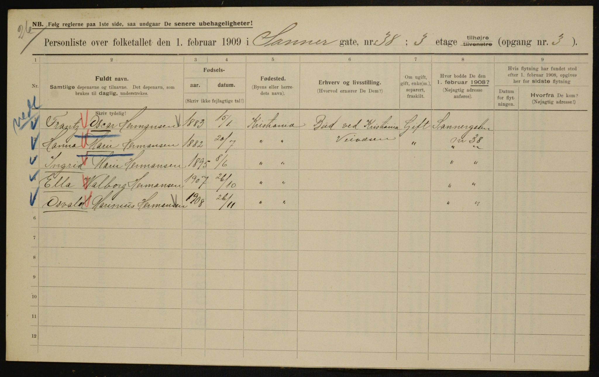 OBA, Kommunal folketelling 1.2.1909 for Kristiania kjøpstad, 1909, s. 80978