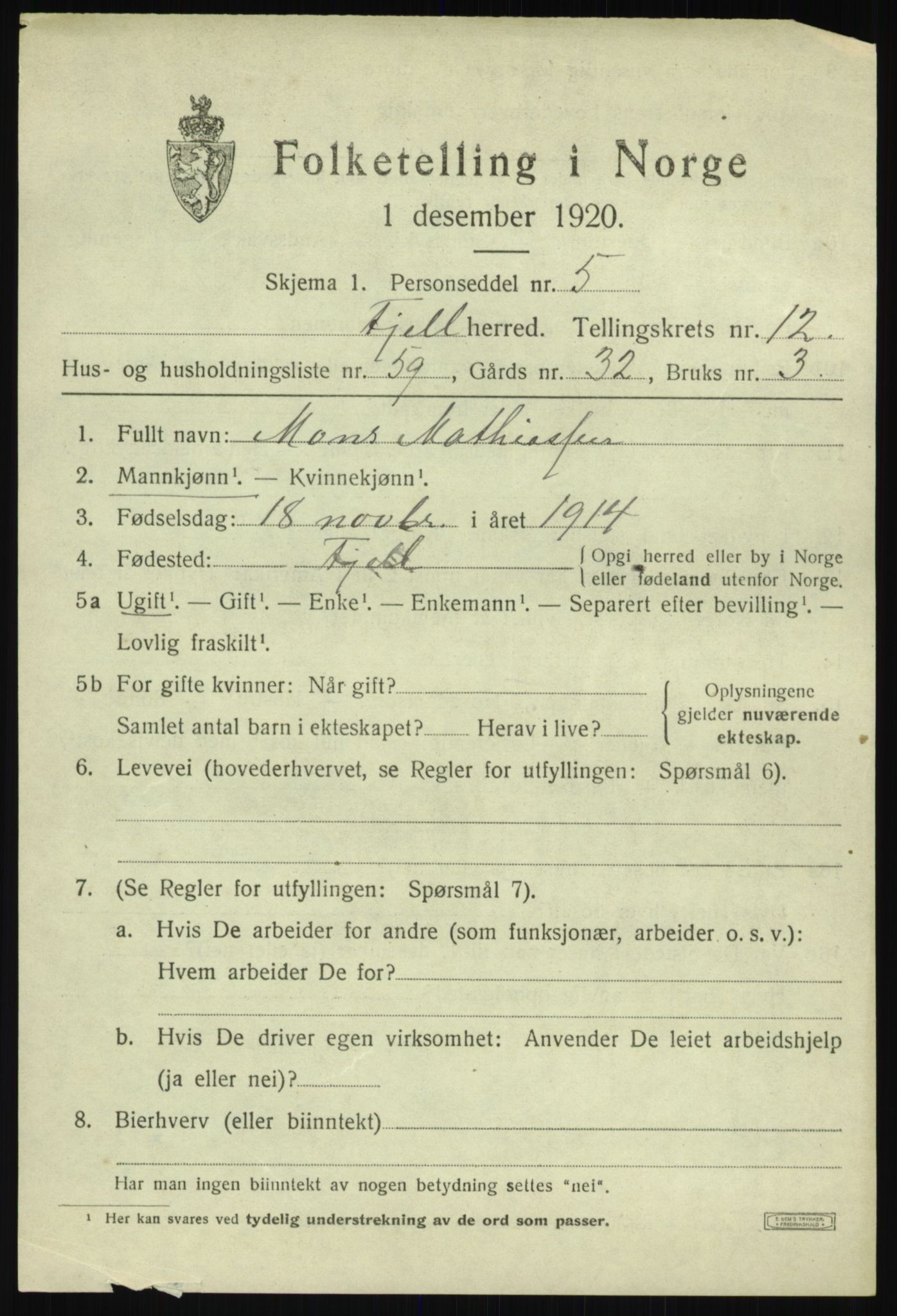 SAB, Folketelling 1920 for 1246 Fjell herred, 1920, s. 11538