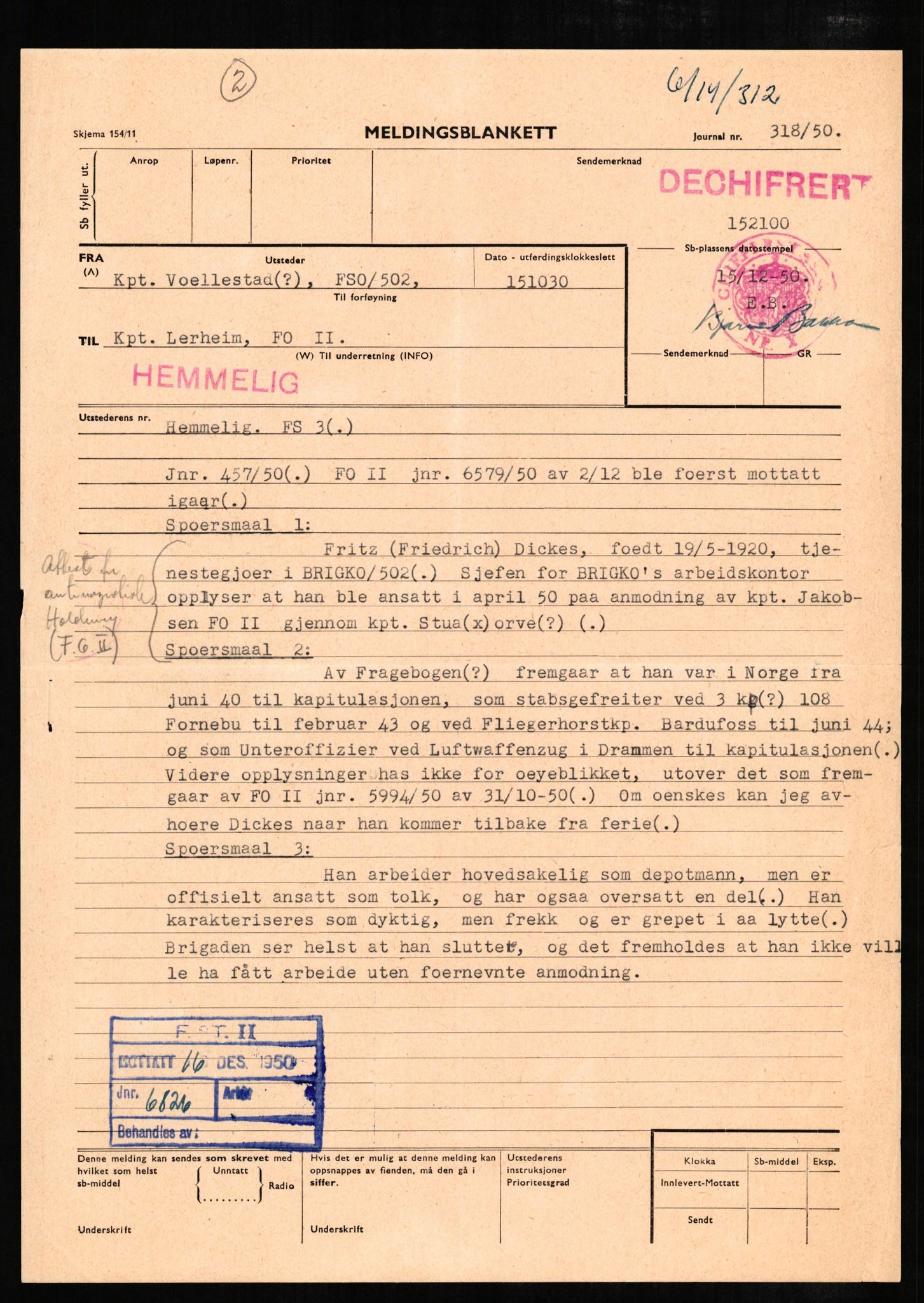 Forsvaret, Forsvarets overkommando II, AV/RA-RAFA-3915/D/Db/L0006: CI Questionaires. Tyske okkupasjonsstyrker i Norge. Tyskere., 1945-1946, s. 14