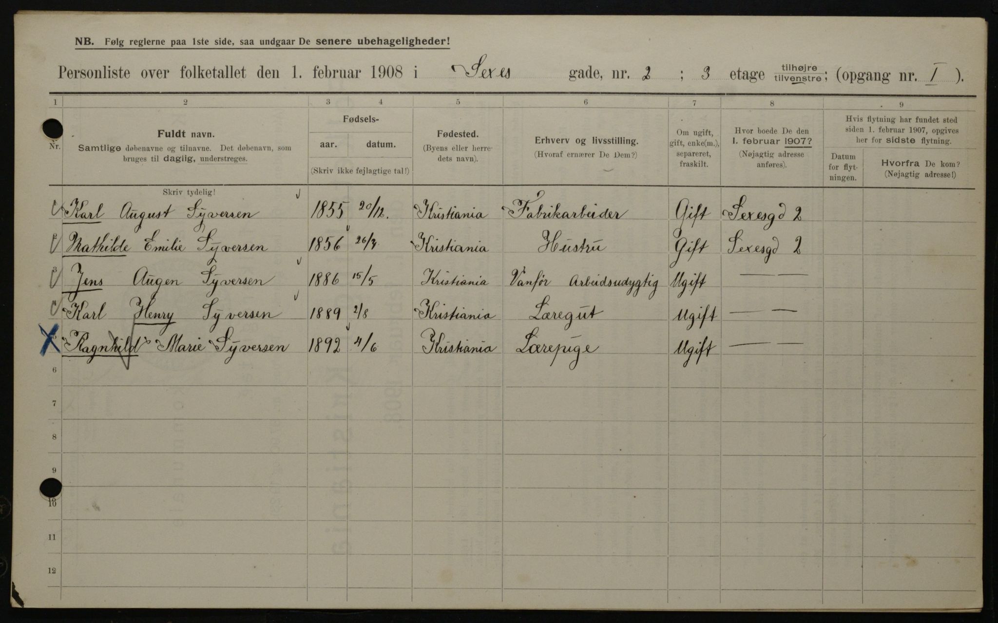 OBA, Kommunal folketelling 1.2.1908 for Kristiania kjøpstad, 1908, s. 85154