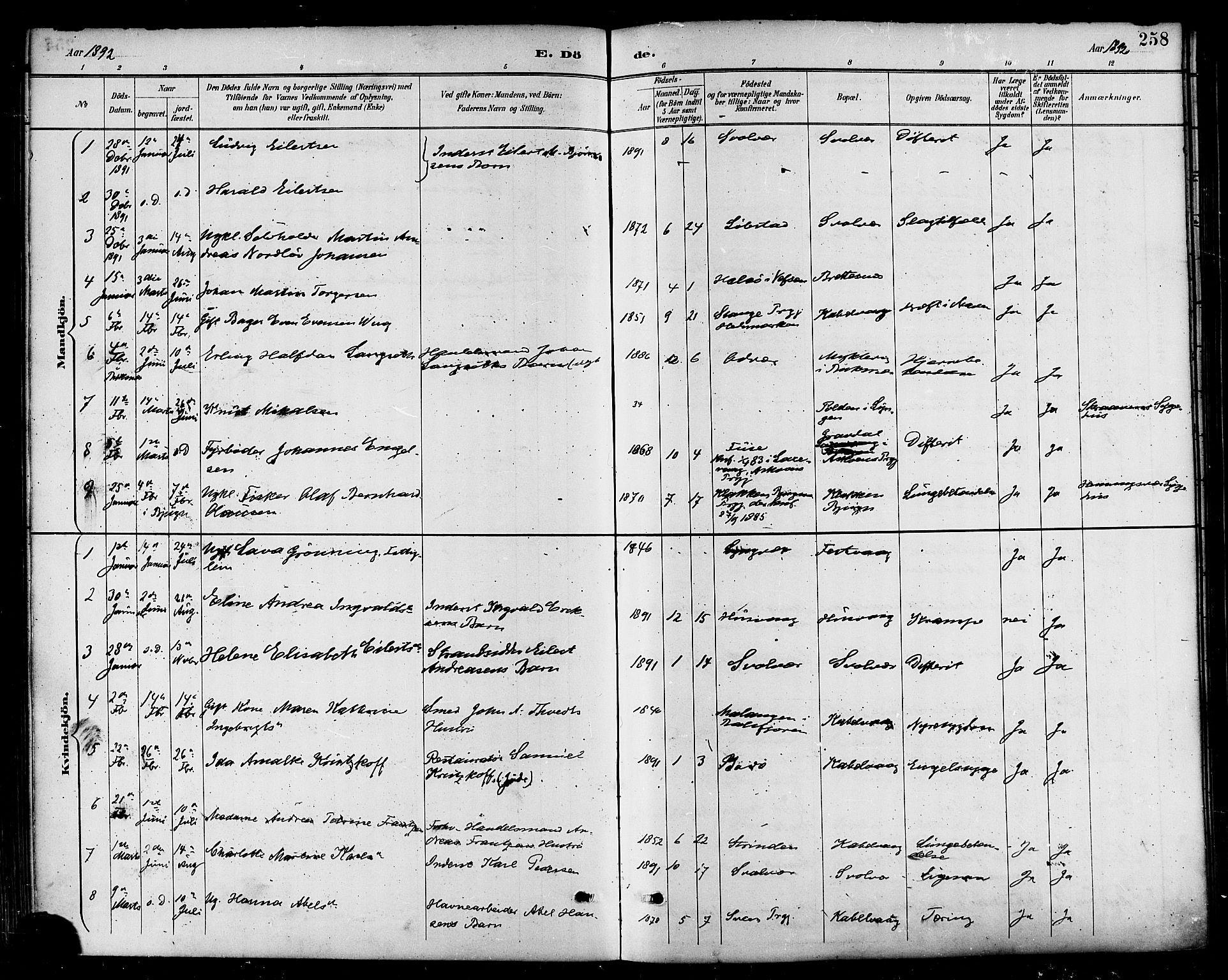Ministerialprotokoller, klokkerbøker og fødselsregistre - Nordland, SAT/A-1459/874/L1060: Ministerialbok nr. 874A04, 1890-1899, s. 258