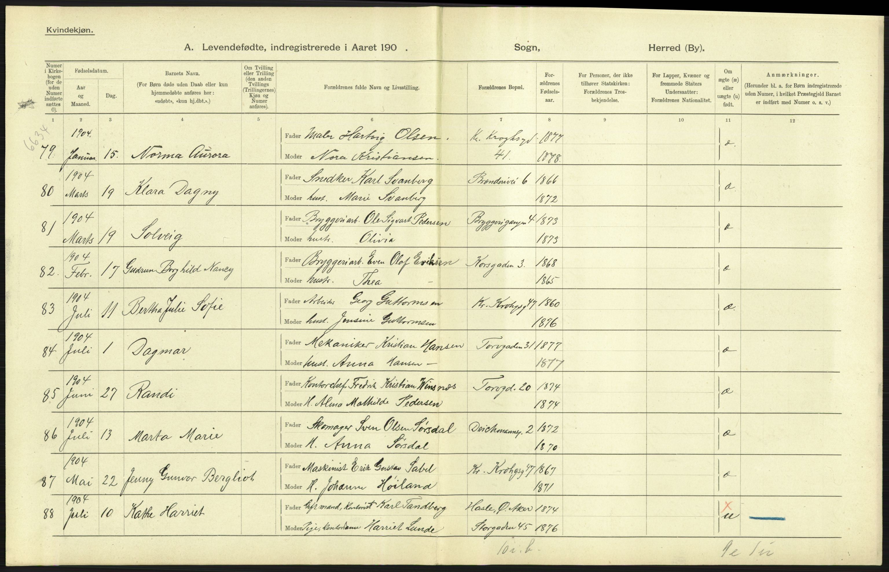 Statistisk sentralbyrå, Sosiodemografiske emner, Befolkning, AV/RA-S-2228/D/Df/Dfa/Dfab/L0003: Kristiania: Fødte, 1904, s. 25