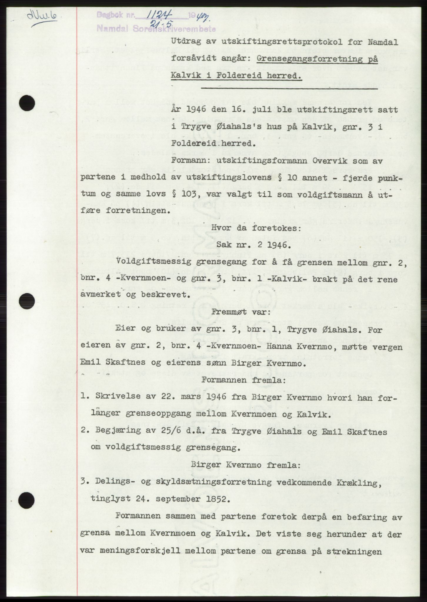 Namdal sorenskriveri, SAT/A-4133/1/2/2C: Pantebok nr. -, 1947-1947, Dagboknr: 1124/1947