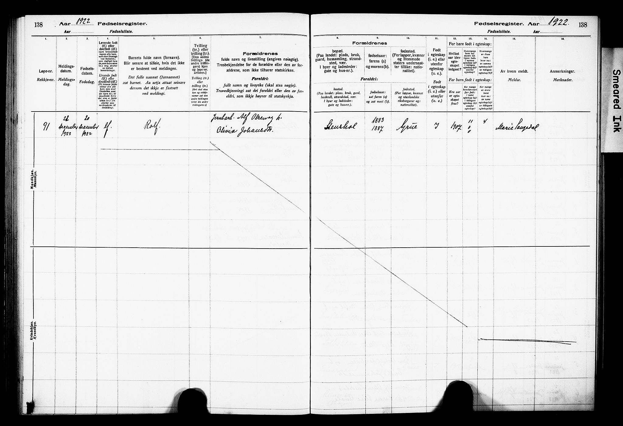 Grue prestekontor, AV/SAH-PREST-036/I/Id/Ida/L0001: Fødselsregister nr. I 1, 1916-1926, s. 138